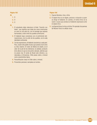 Unidad 6

Página 163                                                           Página 164
III.                                                                 1. Figuras literarias, rima y ritmo.
     1. D                                                            2. El objeto lírico es el objeto, persona o situación a quien
     2. D                                                               se dirige el hablante. En cambio, el motivo lírico es la
     3. D                                                               razón o causa que produce al hablante expresarse ante
                                                                        el objeto lírico.
IV.
                                                                     3. Las ﬁguras líricas, la rima y el ritmo. Por ejemplo: los poemas
      1. El estudiante debe relacionar el título “Canción con
                                                                        de Nicanor Parra no utilizan rimas.
         todos”, que signiﬁca que todas las voces americanas
         se unen en una sola voz, con el mensaje que expresa
         hermandad y unión entre los pueblos americanos.
      2. El hablante logra conectarse con el sentimiento lati-
         noamericano, con la unión de los pueblos, con la sola
         identidad continental.
      3. Con las expresiones, el hablante caracteriza a cada país:
         Perú, nación del pueblo incaico que poseía al sol como
         su Dios máximo. El rostro de Bolivia de estaño, es el
         color de la piel de los bolivianos; la soledad, producto
         de la altura en que se encuentra ubicado, además que
         no posee mar. El verde de Brasil está referido a su
         naturaleza, el Amazonas. Chile posee cobre y mineral
         como característica típica.
      4. Personiﬁcación: besa mi Chile cobre y mineral.
      5. Pronombre personal, reemplaza al nombre.




                                                                              Guía didáctica para el docente / Lenguaje 6º básico         265
 