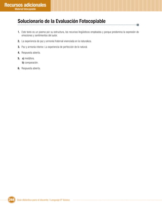 Recursos adicionales
       Material fotocopiable



         Solucionario de la Evaluación Fotocopiable
         1. Este texto es un poema por su estructura, los recursos lingüísticos empleados y porque predomina la expresión de
            emociones y sentimientos del autor.

         2. La experiencia de paz y armonía fraternal vivenciada en la naturaleza.

         3. Paz y armonía interior. La experiencia de perfección de lo natural.

         4. Respuesta abierta.

         5. a) metáfora.
            b) comparación.

         6. Respuesta abierta.




  268 Guía didáctica para el docente / Lenguaje 6º básico
 