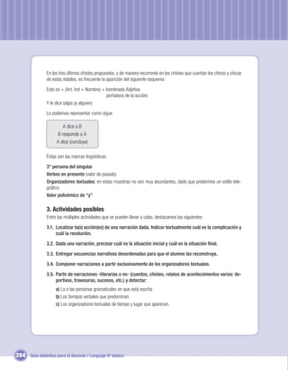 En los tres últimos chistes propuestos, y de manera recurrente en los chistes que cuentan los chicos y chicas
               de estas edades, es frecuente la aparición del siguiente esquema:

               Esto es + (Art. Ind + Nombre) + Inordinada Adjetiva
                                               portadora de la acción)
               Y le dice (algo) (a alguien)

               Lo podemos representar como sigue

                        A dice a B
                     B responde a A
                    A dice (concluye)

               Éstas son las marcas lingüísticas:

               3° persona del singular
               Verbos en presente (valor de pasado)
               Organizadores textuales: en estas muestras no son muy abundantes, dado que predomina un estilo tele-
               gráﬁco.
               Valor polisémico de “y”

               3. Actividades posibles
               Entre las múltiples actividades que se pueden llevar a cabo, destacamos las siguientes:

               3.1. Localizar la(s) acción(es) de una narración dada. Indicar textualmente cuál es la complicación y
                    cuál la resolución.

               3.2. Dada una narración, precisar cuál es la situación inicial y cuál es la situación ﬁnal.

               3.3. Entregar secuencias narrativas desordenadas para que el alumno las reconstruya.

               3.4. Componer narraciones a partir exclusivamente de los organizadores textuales.

               3.5. Partir de narraciones -literarias o no- (cuentos, chistes, relatos de acontecimientos varios: de-
                    portivos, travesuras, sucesos, etc.) y detectar:
                    a) La o las personas gramaticales en que está escrita.
                    b) Los tiempos verbales que predominan.
                    c) Los organizadores textuales de tiempo y lugar que aparecen.




284 Guía didáctica para el docente / Lenguaje 6º básico
 
