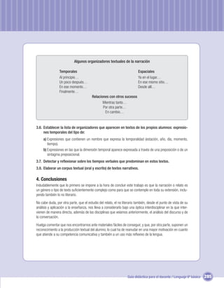 Algunos organizadores textuales de la narración

                 Temporales                                                Espaciales
                 Al principio…                                             Ya en el lugar…
                 Un poco después…                                          En ese mismo sitio…
                 En ese momento…                                           Desde allí…
                 Finalmente…
                                         Relaciones con otros sucesos
                                                Mientras tanto…
                                                Por otra parte…
                                                 En cambio…


3.6. Establecer la lista de organizadores que aparecen en textos de los propios alumnos: expresio-
     nes temporales del tipo de:
     a) Expresiones que contienen un nombre que expresa la temporalidad (estación, año, día, momento,
        tiempo).
     b) Expresiones en las que la dimensión temporal aparece expresada a través de una preposición o de un
        sintagma preposicional.
3.7. Detectar y reﬂexionar sobre los tiempos verbales que predominan en estos textos.
3.8. Elaborar un corpus textual (oral y escrito) de textos narrativos.

4. Conclusiones
Indudablemente que lo primero se impone a la hora de concluir este trabajo es que la narración o relato es
un género o tipo de texto suﬁcientemente complejo como para que se contemple en toda su extensión, inclu-
yendo también lo no literario.

No cabe duda, por otra parte, que el estudio del relato, el no literario también, desde el punto de vista de su
análisis y aplicación a la enseñanza, nos lleva a considerarlo bajo una óptica interdisciplinar en la que inter-
vienen de manera directa, además de las disciplinas que veíamos anteriormente, el análisis del discurso y de
la conversación.

Huelga comentar que nos encontrarnos ante materiales fáciles de conseguir, y que, por otra parte, suponen un
reconocimiento a la producción textual del alumno; lo cual ha de reanudar en una mayor motivación en cuanto
que atiende a su competencia comunicativa y también a un uso más reﬂexivo de la lengua.




                                                                   Guía didáctica para el docente / Lenguaje 6º básico   285
 