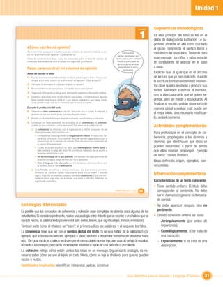 Unidad 1

                                                                                                                             Unidad   Sugerencias metodológicas
                                                                                                                             1        La idea principal del texto se lee en el
                                                                                                                                      globo de diálogo de la ilustración. Le su-
                                                                                                                                      gerimos ahondar en ella hasta que todo
     ¿Cómo escribo mi opinión?                                                                                                        el grupo comprenda el sentido literal y
     ¡Es el momento para que tú redactes tu propia columna de opinión! ¿Estás de acuer-
     do con la aﬁrmación del aguador? ¿Qué opinas tú?
                                                                                                      Todos somos                     metafórico del relato leído. Teniendo claro
                                                                                                 vasijas agrietadas por
     Antes de comenzar tu trabajo, revisa los contenidos sobre el texto de opinión, de         alguna parte, pero siempre             este mensaje, los niños y niñas estarán
     modo que puedas abordar esta actividad con seguridad y conﬁanza.                            existe la posibilidad de
                                                                                                 aprovechar las grietas
                                                                                                                                      en condiciones de avanzar en el paso
     Pasos para construir mi columna de opinión                                                   para obtener buenos                 a paso.
                                                                                                       resultados.
     Antes de escribir el texto                                                                                                       Explicite que, al igual que en el proceso
     1. Escribe de manera espontánea todas las ideas, datos, experiencias y hechos que                                                de lectura que ya han realizado, durante
         vengan a tu mente, a partir de la aﬁrmación del aguador. ¿Qué opinas tú?
                                                                                                                                      la escritura también existen tres momen-
     2. Piensa en tu destinatario. ¿A quién dirigirás tu opinión?
                                                                                                                                      tos clave que los ayudarán a producir sus
     3. Revisa la información que posees. ¿En qué te basas para opinar?
                                                                                                                                      textos. Aliéntelos a escribir el borrador,
     4. Organiza la información en dos grupos: información subjetiva e información objetiva.
     5. Establece relaciones entre la información que posees. Encontrarás que algunas
                                                                                                                                      con la idea clara de lo que se quiere ex-
         ideas pueden relacionarse entre sí o con alguna experiencia que hayas vivido,                                                presar, pero sin miedo a equivocarse. Al
         otras pueden surgir solo de la impresión que te causó el cuento.
                                                                                                                                      ﬁnalizar el escrito, podrán observarlo de
     Durante la producción del texto                                                                                                  manera global y evaluar cuál puede ser
     6. Determina cómo comenzarás tu escrito. Recuerda que si cuidas el lenguaje y
         generas un lazo con tus lectores, tus ideas llegarán mejor.                                                                  el mejor inicio; si es necesario modiﬁcar-
     7. Propón un título tentativo que después evaluarás cuando releas tu columna.                                                    lo, será el momento.
     8. Construye tus ideas aplicando los principios de la coherencia y la cohesión.
         ¿Sabes en qué consisten y cómo aplicarlos? Pon atención a su descripción.                                                    Actividades complementarias
         a) La coherencia, se relaciona con la organización y el hilo conductor de las
            ideas planteadas, esto signiﬁca que:                                                                                      Para profundizar en el concepto de co-
            • Entregues tus ideas siguiendo una organización básica: Introducción, de-
               sarrollo y conclusión. En el caso del texto de opinión sigue la estructura u                                           herencia, propóngales a los alumnos y
               organización de la columna de opinión. Para ello revisa los contenidos de                                              alumnas que identiﬁquen qué ideas se
               la página 18 de este texto.
            • Cuides la unidad temática, es decir que mantengas un mismo tema o                                                       pueden desarrollar, a partir de temas
               idea central a lo largo del texto. No comiences hablando de un asunto y                                                que ellos mismos propongan. Ejemplo
               termines reﬁriéndote a otro.
            • No te contradigas en lo que planteas. Por ejemplo, no digas que estás de                                                de tema: comida chatarra.
               acuerdo con algo y luego aﬁrmes que no lo apruebas.
            • Uses el lenguaje más adecuado para tus receptores y la situación en que
                                                                                                                                      Ideas: deﬁnición, origen, -ejemplos, -con-
               te reciben. Esto se llama adecuación.                                                                                  secuencias.
         b) La cohesión, se refiere a cómo construyes tus oraciones y párrafos.
            En estos las palabras deben relacionarse entre sí con orden y sentido
            lógico. Para ello se emplean palabras llamadas conectores. Estas son ver-                                                 Información complementaria
            daderos nexos que unen las palabras, oraciones o párrafos dándoles un
            significado específico.                                                                                                   Características de un texto coherente:
                                                                                                                                      • Tiene sentido unitario. El título debe
                                                                                               Unidad 1: Mi opinión cuenta   25         corresponder al contenido. No debe
                                                                                                                                        ser ni demasiado general ni demasia-
                                                                                                                                        do parcial.
Estrategias diferenciadas                                                                                                             • No debe aparecer ninguna idea no
Es posible que los conceptos de coherencia y cohesión sean complejos de abordar para algunos de los                                     pertinente.
estudiantes. Si considera pertinente, realice una analogía entre el texto que se escribe y un chaleco que se                          • El texto coherente ordena las ideas:
teje (de hecho, la palabra texto proviene del latín textus, texere, que signiﬁca tejer, trenzar, entrelazar).                            - Jerárquicamente (por orden de
Tanto el texto como el chaleco se “tejen”: el primero utiliza las palabras, y el segundo los hilos.                                         importancia).
La coherencia tiene que ver con el sentido global del texto. Si se va a hablar de la solidaridad, por                                    - Cronológicamente, si se trata de
ejemplo, que todas las situaciones, ejemplos e ideas, apunten a desarrollar ese tema sin desviarse hacia                                    una narración.
otro. De igual modo, el chaleco será siempre el mismo objeto que se teja, aun cuando se teja la espalda,                                 - Espacialmente, si se trata de una
el cuello o las mangas, pero sería impertinente referirse al tejido de una bufando o un calcetín.                                           descripción.
La cohesión reﬂeja cómo están unidas las ideas en un mensaje. Siguiendo la analogía, es ne-
cesario saber cómo se une el tejido en cada hilera, cómo se teje el chaleco, para que no queden
vacíos o nudos.
Habilidades implicadas: identiﬁcar, interpretar, aplicar, construir.

                                                                                                             Guía didáctica para el docente / Lenguaje 6º básico              31
 