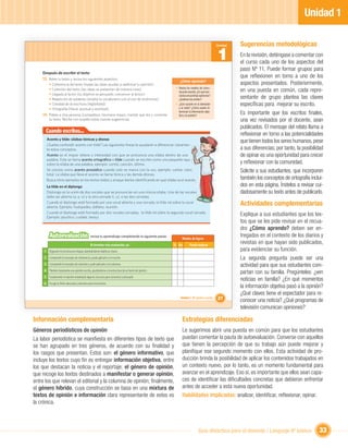 Unidad 1

                                                                                                                                            Unidad   Sugerencias metodológicas
                                                                                                                                            1        En la revisión, deténgase a comentar con
                                                                                                                                                     el curso cada uno de los aspectos del
                                                                                                                                                     paso Nº 11. Puede formar grupos para
    Después de escribir el texto
    13. Relee tu texto y revisa los siguientes aspectos:
                                                                                                                                                     que reﬂexionen en torno a uno de los
                                                                                                            ¿Cómo aprendo?
         •   Coherencia del texto (todas las ideas ayudan a reaﬁrmar tu opinión).                                                                    aspectos presentados. Posteriormente,
                                                                                                         • Revisa los medios de comu-
         •   Cohesión del texto (las ideas se presentan de manera clara).
                                                                                                           nicación escrita: ¿En qué sec-            en una puesta en común, cada repre-
         •   Llegada al lector (tu objetivo es persuadir, convencer al lector).
         •   Repetición de palabras (amplía tu vocabulario con el uso de sinónimos).
                                                                                                           ciones encuentras opiniones?
                                                                                                           ¿Quiénes las emiten?                      sentante de grupo plantea las claves
         •   Claridad de la escritura (legibilidad).                                                     • ¿Qué sucede en la televisión              especíﬁcas para mejorar su escrito.
         •   Ortografía (literal, puntual y acentual).                                                     y la radio? ¿Cómo puedo di-

    14. Pídele a otra persona (compañero, hermano mayor, mamá) que lea y comente
                                                                                                           ferenciar la información obje-
                                                                                                           tiva y la opinión?
                                                                                                                                                     Es importante que los escritos ﬁnales,
         tu texto. Recibe con respeto estas nuevas sugerencias.                                                                                      una vez revisados por el docente, sean
                                                                                                                                                     publicados. El mensaje del relato llama a
      Cuando escribas...
                                                                                                                                                     reﬂexionar en torno a las potencialidades
       Acento y tilde: sílabas tónicas y átonas
                                                                                                                                                     que tienen todos los seres humanos, pese
       ¿Sueles confundir acento con tilde? Las siguientes líneas te ayudarán a diferenciar claramen-
       te estos conceptos.                                                                                                                           a sus diferencias; por tanto, la posibilidad
       Acento es el mayor relieve o intensidad con que se pronuncia una sílaba dentro de una                                                         de opinar es una oportunidad para crecer
       palabra. Este se llama acento ortográﬁco o tilde cuando se escribe como una pequeña raya
       sobre la sílaba de una palabra, ejemplo: comió, canción, último.                                                                              y reﬂexionar con la comunidad.
       Se conoce como acento prosódico cuando solo se marca con la voz, ejemplo: cantar, calor,                                                      Solicite a sus estudiantes, que incorporen
       total. La sílaba que lleva el acento se llama tónica y las demás átonas.
       Busca otros ejemplos en los textos leídos y ensaya leerlos identiﬁcando en qué silaba va el acento.                                           también los conceptos de ortografía inclui-
       La tilde en el diptongo                                                                                                                       dos en esta página. Ínstelos a revisar cui-
       Diptongo es la unión de dos vocales que se pronuncian en una misma sílaba. Una de las vocales                                                 dadosamente su texto antes de publicarlo.
       debe ser abierta (a, e, o) y la otra cerrada (i, u), o las dos cerradas.
       Cuando el diptongo esté formado por una vocal abierta y una cerrada, la tilde irá sobre la vocal
       abierta. Ejemplo: huéspedes, diáfano, reunión.
                                                                                                                                                     Actividades complementarias
       Cuando el diptongo esté formado por dos vocales cerradas, la tilde irá sobre la segunda vocal cerrada.
       Ejemplo: jesuítico, cuídate, benjuí.
                                                                                                                                                     Explique a sus estudiantes que los tex-
                                                                                                                                                     tos que se les pide revisar en el recua-
                                                                                                                                                     dro ¿Cómo aprendo? deben ser en-
         Autoevaluación                         revisa tu aprendizaje completando la siguiente pauta:
                                                                                                              Niveles de logros
                                                                                                                                                     tregados en el contexto de los diarios y
                                               Al terminar esta evaluación, yo:                         Sí No        Puedo mejorar
                                                                                                                                                     revistas en que hayan sido publicados,
     1 Organicé mi escritura en etapas, planteándome objetivos claros.                                                                               para evidenciar su función.
     2 Comprendí el concepto de coherencia y pude aplicarlo a mi escrito.                                                                            La segunda pregunta puede ser una
     3 Comprendí el concepto de cohesión y pude aplicarlo a mi columna.                                                                              actividad para que sus estudiantes com-
     4 Planteé claramente una opinión escrita, ajustándome a la estructura de un texto de opinión.
                                                                                                                                                     partan con su familia. Pregúnteles: ¿ven
     5 Fundamenté mi opinión empleando algunos recursos para convencer o persuadir.
                                                                                                                                                     noticias en familia? ¿En qué momentos
     6 Escogí un título adecuado y atractivo para mis lectores.
                                                                                                                                                     la información objetiva pasó a la opinión?
                                                                                                                                                     ¿Qué claves tiene el espectador para re-
                                                                                                             Unidad 1: Mi opinión cuenta    27       conocer una noticia? ¿Qué programas de
                                                                                                                                                     televisión comunican opiniones?

Información complementaria                                                                                    Estrategias diferenciadas
Géneros periodísticos de opinión                                                                              Le sugerimos abrir una puesta en común para que los estudiantes
La labor periodística se maniﬁesta en diferentes tipos de texto que                                           puedan comentar la pauta de autoevaluación. Converse con aquellos
se han agrupado en tres géneros, de acuerdo con su ﬁnalidad y                                                 que tienen la percepción de que su trabajo aún puede mejorar y
los rasgos que presentan. Estos son: el género informativo, que                                               planiﬁque ese segundo momento con ellos. Esta actividad de pro-
incluye los textos cuyo ﬁn es entregar información objetiva, entre                                            ducción brinda la posibilidad de aplicar los contenidos trabajados en
los que destacan la noticia y el reportaje; el género de opinión,                                             un contexto nuevo, por lo tanto, es un momento fundamental para
que recoge los textos destinados a manifestar o generar opinión,                                              avanzar en el aprendizaje. Eso sí, es importante que ellos sean capa-
entre los que relevan el editorial y la columna de opinión; ﬁnalmente,                                        ces de identiﬁcar las diﬁcultades concretas que debieron enfrentar
el género híbrido, cuya construcción se basa en una mixtura de                                                antes de acceder a esta nueva oportunidad.
textos de opinión e información clara representante de estos es                                               Habilidades implicadas: analizar, identiﬁcar, reﬂexionar, opinar.
la crónica.



                                                                                                                             Guía didáctica para el docente / Lenguaje 6º básico              33
 