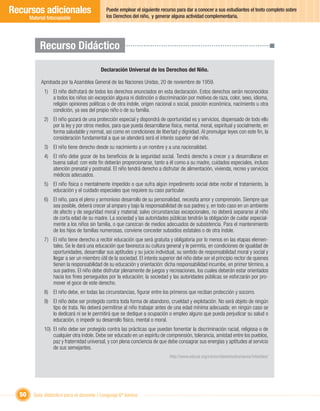 Recursos adicionales                          Puede emplear el siguiente recurso para dar a conocer a sus estudiantes el texto completo sobre
                                              los Derechos del niño, y generar alguna actividad complementaria.
       Material fotocopiable




            Recurso Didáctico

                                           Declaración Universal de los Derechos del Niño.

             Aprobada por la Asamblea General de las Naciones Unidas, 20 de noviembre de 1959.
              1) El niño disfrutará de todos los derechos enunciados en esta declaración. Estos derechos serán reconocidos
                 a todos los niños sin excepción alguna ni distinción o discriminación por motivos de raza, color, sexo, idioma,
                 religión opiniones políticas o de otra índole, origen nacional o social, posición económica, nacimiento u otra
                 condición, ya sea del propio niño o de su familia.
              2) El niño gozará de una protección especial y dispondrá de oportunidad es y servicios, dispensado de todo ello
                 por la ley y por otros medios, para que pueda desarrollarse física, mental, moral, espiritual y socialmente, en
                 forma saludable y normal, así como en condiciones de libertad y dignidad. Al promulgar leyes con este ﬁn, la
                 consideración fundamental a que se atenderá será el interés superior del niño.
              3) El niño tiene derecho desde su nacimiento a un nombre y a una nacionalidad.
              4) El niño debe gozar de los beneﬁcios de la seguridad social. Tendrá derecho a crecer y a desarrollarse en
                 buena salud: con este ﬁn deberán proporcionarse, tanto a él como a su madre, cuidados especiales, incluso
                 atención prenatal y postnatal. El niño tendrá derecho a disfrutar de alimentación, vivienda, recreo y servicios
                 médicos adecuados.
              5) El niño física o mentalmente impedido o que sufra algún impedimento social debe recibir el tratamiento, la
                 educación y el cuidado especiales que requiere su caso particular.
              6) El niño, para el pleno y armonioso desarrollo de su personalidad, necesita amor y comprensión. Siempre que
                 sea posible, deberá crecer al amparo y bajo la responsabilidad de sus padres y, en todo caso en un ambiente
                 de afecto y de seguridad moral y material; salvo circunstancias excepcionales, no deberá separarse al niño
                 de corta edad de su madre. La sociedad y las autoridades públicas tendrán la obligación de cuidar especial-
                 mente a los niños sin familia, o que carezcan de medios adecuados de subsistencia. Para el mantenimiento
                 de los hijos de familias numerosas, conviene conceder subsidios estatales o de otra índole.
              7) El niño tiene derecho a recibir educación que será gratuita y obligatoria por lo menos en las etapas elemen-
                 tales. Se le dará una educación que favorezca su cultura general y le permita, en condiciones de igualdad de
                 oportunidades, desarrollar sus aptitudes y su juicio individual, su sentido de responsabilidad moral y social y
                 llegar a ser un miembro útil de la sociedad. El interés superior del niño debe ser el principio rector de quienes
                 tienen la responsabilidad de su educación y orientación: dicha responsabilidad incumbe, en primer término, a
                 sus padres. El niño debe disfrutar plenamente de juegos y recreaciones, los cuales deberán estar orientados
                 hacia los ﬁnes perseguidos por la educación; la sociedad y las autoridades públicas se esforzarán por pro-
                 mover el goce de este derecho.
              8) El niño debe, en todas las circunstancias, ﬁgurar entre los primeros que reciban protección y socorro.
              9) El niño debe ser protegido contra toda forma de abandono, crueldad y explotación. No será objeto de ningún
                 tipo de trata. No deberá permitirse al niño trabajar antes de una edad mínima adecuada; en ningún caso se
                 lo dedicará ni se le permitirá que se dedique a ocupación o empleo alguno que pueda perjudicar su salud o
                 educación, o impedir su desarrollo físico, mental o moral.
              10) El niño debe ser protegido contra las prácticas que puedan fomentar la discriminación racial, religiosa o de
                  cualquier otra índole. Debe ser educado en un espíritu de comprensión, tolerancia, amistad entre los pueblos,
                  paz y fraternidad universal, y con plena conciencia de que debe consagrar sus energías y aptitudes al servicio
                  de sus semejantes.
                                                                              http://www.educar.org/comun/derechoshumanos/infantiles/




  50     Guía didáctica para el docente / Lenguaje 6º básico
 
