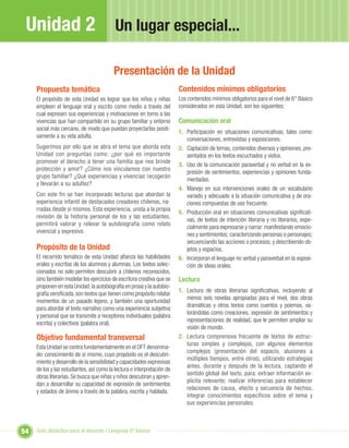 Unidad 2                                  Un lugar especial...

                                          Presentación de la Unidad
     Propuesta temática                                                  Contenidos mínimos obligatorios
     El propósito de esta Unidad es lograr que los niños y niñas         Los contenidos mínimos obligatorios para el nivel de 6° Básico
     empleen el lenguaje oral y escrito como medio a través del          considerados en esta Unidad, son los siguientes:
     cual expresen sus experiencias y motivaciones en torno a las
     vivencias que han compartido en su grupo familiar y entorno         Comunicación oral
     social más cercano, de modo que puedan proyectarlas positi-
                                                                         1. Participación en situaciones comunicativas, tales como:
     vamente a su vida adulta.
                                                                            conversaciones, entrevistas y exposiciones.
     Sugerimos por ello que se abra el tema que aborda esta              2. Captación de temas, contenidos diversos y opiniones, pre-
     Unidad con preguntas como: ¿por qué es importante                      sentados en los textos escuchados y vistos.
     promover el derecho a tener una familia que nos brinde
                                                                         3. Uso de la comunicación paraverbal y no verbal en la ex-
     protección y amor? ¿Cómo nos vinculamos con nuestro
                                                                            presión de sentimientos, experiencias y opiniones funda-
     grupo familiar? ¿Qué experiencias y vivencias recogerán
                                                                            mentadas.
     y llevarán a su adultez?
                                                                         4. Manejo en sus intervenciones orales de un vocabulario
     Con este fin se han incorporado lecturas que abordan la                variado y adecuado a la situación comunicativa y de ora-
     experiencia infantil de destacados creadores chilenos, na-             ciones compuestas de uso frecuente.
     rradas desde sí mismos. Esta experiencia, unida a la propia
                                                                         5. Producción oral en situaciones comunicativas signiﬁcati-
     revisión de la historia personal de los y las estudiantes,
                                                                            vas, de textos de intención literaria y no literarios, espe-
     permitirá valorar y relevar la autobiografía como relato
                                                                            cialmente para expresarse y narrar: manifestando emocio-
     vivencial y expresivo.
                                                                            nes y sentimientos; caracterizando personas o personajes;
                                                                            secuenciando las acciones o procesos; y describiendo ob-
     Propósito de la Unidad                                                 jetos y espacios.
     El recorrido temático de esta Unidad aﬁanza las habilidades         6. Incorporan el lenguaje no verbal y paraverbal en la exposi-
     orales y escritas de los alumnos y alumnas. Los textos selec-          ción de ideas orales.
     cionados no solo permiten descubrir a chilenos reconocidos,
     sino también modelar los ejercicios de escritura creativa que se    Lectura
     proponen en esta Unidad: la autobiografía en prosa y la autobio-
                                                                         1. Lectura de obras literarias signiﬁcativas, incluyendo al
     grafía versiﬁcada, son textos que tienen como propósito relatar
                                                                            menos seis novelas apropiadas para el nivel, dos obras
     momentos de un pasado lejano, y también una oportunidad
                                                                            dramáticas y otros textos como cuentos y poemas, va-
     para abordar el texto narrativo como una experiencia subjetiva
                                                                            lorándolas como creaciones, expresión de sentimientos y
     y personal que se transmite a receptores individuales (palabra
                                                                            representaciones de realidad, que le permiten ampliar su
     escrita) y colectivos (palabra oral).
                                                                            visión de mundo.
     Objetivo fundamental transversal                                    2. Lectura comprensiva frecuente de textos de estruc-
                                                                            turas simples y complejas, con algunos elementos
     Esta Unidad se centra fundamentalmente en el OFT denomina-
                                                                            complejos (presentación del espacio, alusiones a
     do: conocimiento de sí mismo, cuyo propósito es el descubri-
                                                                            múltiples tiempos, entre otros), utilizando estrategias
     miento y desarrollo de la sensibilidad y capacidades expresivas
                                                                            antes, durante y después de la lectura, captando el
     de los y las estudiantes, así como la lectura e interpretación de
                                                                            sentido global del texto, para: extraer información ex-
     obras literarias. Se busca que niñas y niños descubran y apren-
                                                                            plícita relevante; realizar inferencias para establecer
     dan a desarrollar su capacidad de expresión de sentimientos
                                                                            relaciones de causa, efecto y secuencia de hechos;
     y estados de ánimo a través de la palabra, escrita y hablada.
                                                                            integrar conocimientos específicos sobre el tema y
                                                                            sus experiencias personales.



54   Guía didáctica para el docente / Lenguaje 6º básico
 