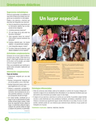 Orientaciones didácticas

Sugerencias metodológicas
Ofrezca la oportunidad de establecer un


                                                                     Un lugar especial...
nexo entre el título de la Unidad y las imá-
genes que se presentan en esta página.
Pídales a los alumnos y alumnas que
describan las fotografías que observan:
a) Inicie la experiencia preguntando por
   la información objetiva que se des-
   prende de las imágenes:
1. ¿Cuántas personas observan?
2. ¿En qué etapa de la vida están las
   personas retratadas?
3. ¿Qué expresión tienen los rostros?
   ¿Qué actitud corporal mantienen las
   personas?
b) Continúe, abriendo paso –de manera
   explícita– a la aproximación subjetiva:
1. ¿Son fotografías alegres, tristes?
2. Los niños y niñas que se observan, ¿qué
   relación establecen con los mayores?
Actividades complementarias
Converse con el curso sobre la diferen-
cia entre casa y hogar. ¿Toda casa es un
hogar? ¿Todo hogar necesita una casa?
En el curso o en la escuela, ¿se cuidan
como en una gran familia?
                                                                           Unidad 1
                                                              En esta unidad aprenderás a:
                                                              • Valorar el rol de la familia en la formación y desarro-   • Reconocer y usar correctamente palabras que se-
Pida a sus estudiantes que construyan y                         llo de las personas.                                        ñalan acciones, considerando su persona, tiempo y
anoten estos conceptos, explicando sus                        • Diferenciar una biografía de una autobiografía.             modo.
                                                              • Reconocer los componentes de un texto narrativo.          • Identiﬁcar la décima como una composición de diez
diferencias.                                                  • Identiﬁcar a la autobiografía como un texto narrati-        versos octosílabos.
                                                                vo literario.                                             • Escribir y recitar décimas autobiográﬁcas.
Información complementaria                                    • Conocer y diferenciar la autobiografía en verso de la     • Valorar la lectura como una práctica que te permite
                                                                escrita en prosa.                                           ampliar tu visión de mundo.
Tipos de familias                                             • Producir un relato autobiográﬁco escrito.                 • Valorar el lenguaje hablado y comprender su efecto
                                                                                                                            sobre el receptor.
• Unipersonal: integrado por una sola                         • Comprender y aplicar en una narración la descrip-
                                                                ción y la caracterización.                                • Desarrollar y valorar el trabajo colectivo con mis
  persona.                                                    • Reconocer y aplicar palabras que sirven para carac-         compañeros y compañeras.
                                                                terizar.
• Nuclear monoparental: integrado por
  uno de los padres y uno o más hijos.                   36   Unidad 2: Un lugar especial...

• Nuclear biparental: pareja unida o ca-
  sada legalmente con o sin hijos.
• Extenso o compuesto: corresponde a                 Estrategias diferenciadas
  cualquiera de los tipos deﬁnidos ante-             • Antes de comenzar esta Unidad, usted ya ha realizado un camino con el grupo. Indague pre-
  riormente, más la presencia de uno o
                                                       viamente si alguno de sus estudiantes tiene diﬁcultades en sus relaciones familiares para que
  más parientes (extenso) o no parien-
  tes (compuesto) del jefe de hogar.                   esté atento a las emociones que puedan surgir en esta etapa.
                                                     • Si alguno de sus alumnos o alumnas no cuenta con una familia, ha perdido a algún familiar
• Sin núcleo familiar: constituido por un
  hogar en que no está presente el núcleo              cercano o está interferido por otros problemas familiares, anímelo(a) a identiﬁcar a los fa-
  familiar primario (hogar nuclear). Puede             miliares o cercanos que igualmente siguen siendo referentes en sus vidas. El curso, en este
  tomar las siguientes formas: jefe(a) de              sentido, también puede ser una instancia para estrechar lazos afectivos, lo que puede ser
  hogar y no pariente(s); jefe(a) de hogar y           trabajado con el grupo.
  cualquier otro pariente; jefe(a) de hogar
                                                     Habilidades implicadas: observar, relacionar, describir.
  y cualquier otro pariente y no pariente(s).
                                       Tomado de:
     http://www.unicef.cl/unicef/index.php/Familia




60      Guía didáctica para el docente / Lenguaje 6º básico
 