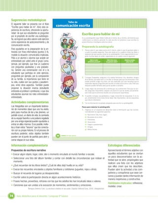 Sugerencias metodológicas
                                                                               Taller de
El siguiente taller se presenta con el título
“Escribo para hablar de mí”. Abra esta ex-                comunicación escrita
periencia de escritura, ofreciendo la oportu-
nidad de que sus estudiantes se pregunten                                                          Escribo para hablar de mí
por el propósito de escribir una autobiogra-
                                                                                                   En su autobiografía Jorge Délano habla de sí mismo, de su familia y de historias que
fía, así logrará que ellos valoren este ejercicio                                                  conformaron su entorno personal. En esta sección te invitamos a que escribas tu
como experiencia de autoconocimiento y de                                                          propia historia e investigues sobre tus raíces.

comunicación escrita.
                                                                                                   Preparando la autobiografía
Para ayudarles en la preparación de la en-                                                         1. Piensa sobre lo que sabes acerca de ti mismo, sobre lo que te gustaría saber y
trevista con ﬁnes informativos (puntos 2-4),                                                           a quién le puedes preguntar. Para esto anota en tu cuaderno todas las ideas o
                                                                                                       experiencias que quieras contar en tu autobiografía. Como seguramente te sur-
modele la situación comunicativa implicada.                                                            girán muchas ideas sin orden, organízalas en un cuadro como el siguiente:
Pida a un alumno o alumna que acepte ser
                                                                                                               ¿Qué sé sobre             ¿Qué otras cosas           ¿Quiénes pueden
entrevistado por usted ante el grupo curso,                                                                 mi historia personal?       me gustaría saber?            saber de mí?
(simule, por ejemplo, que trae un cuaderno
con preguntas pauteadas y una grabado-
ra). Genere una conversación con el o la
estudiante que participa en este ejercicio,
pregúntele por ejemplo, por la composición                                                         2. Consigue fotografías, pregunta a tus padres hermanos, tíos, abuelitos, amigos
de su familia, la importancia que tiene en                                                             de la familia, qué saben de ti y si te dan un tiempo para que los entrevistes. Esto
su vida, cuáles son sus gustos y pasatiem-                                                             puede sonarles a algo muy serio, por eso explícales que solo necesitas que te
                                                                                                       respondan algunas preguntas para escribir un relato acerca de tu vida. Diles que
pos, entre otros aspectos. También puede                                                               después puedes leérselos para que te ayuden a revisarlo.
proponer la situación inversa (estudiante                                                          3. Luego, elige a las personas de tu familia que vas a entrevistar. Para que no olvi-
entrevista al profesor o profesora), o que dos                                                         des preguntas importantes, prepara una pauta en que las anotes previamente,
                                                                                                       pero trata que la entrevista resulte una conversación espontánea.
estudiantes asuman los roles entrevistador-
                                                                                                   4. Si puedes consigue una grabadora, y luego, transcribe las respuestas. Si no es
entrevistado.                                                                                          así, simplemente toma notas de las ideas más importantes o de las respuestas

Actividades complementarias                                                    Unidad 1                que más te interesaron.
                                                                                                   5. Con la información recopilada ¡prepárate para escribir tu autobiografía!
Las fotografías son un importante testimo-                                                         Pasos para redactar la autobiografía
nio de momentos clave que uno ha vivido,                                                           1. Organiza en un esquema de desarrollo toda la información que has reunido,
pero para muchos de los y las jóvenes, un                                                              considerando los siguientes aspectos:

pañolín scout, un diario de vida, la camiseta                                                          a)   Nacimiento (día, hora, lugar).
                                                                                                       b)   Recuerdos de la niñez.
de su equipo favorito o una pulsera regalada                                                           c)   Anécdotas.
por una amiga especial pueden ayudarlos a                                                              d)   Vacaciones.
entrar en ellos mismos. Si es posible, invíte-                                                         e)   Juegos o pasatiempos.
los a traer estos “tesoros” que los conecta-                                                           f)   Amigos.
                                                                                                       g)   Metas futuras.
rán con su propia historia. En el proceso de
escritura posterior, estos objetos también
                          s
pueden ser el punto de partida para abrir y                50     Unidad 2: Un lugar especial...


cerrar etapas en sus vidas.

Información complementaria                                                                                                                   Estrategias diferenciadas
Propuestas de escritura narrativa                                                                                                            Aprovechando el término adjetivo con
• Evocar algún objeto, lugar, color, olor o momento vinculado al mundo familiar o escolar.                                                   aquellos estudiantes que se sientan
                                                                                                                                             un poco desconcertados con la ac-
• Seleccionar una foto del álbum familiar y contar con detalle las circunstancias que rodean el
                                                                                                                                             tividad que se abre, propóngales que
  momento.
                                                                                                                                             realicen una lista con los adjetivos
• ¿Qué recuerdan de los libros leídos? ¿Cuál de ellos dejó huella en su vida?                                                                que ellos creen que los describen.
• Evocar los recuerdos vinculados a objetos familiares y cotidianos (juguetes, ropa u otros).                                                Pueden abrir la actividad a los com-
• Buscar el recuerdo de lugares ya desaparecidos.                                                                                            pañeros y compañeras que sean cer-
• Escribir sobre la participación directa en algún acontecimiento histórico.                                                                 canos y puedan darles información de
                                                                                                                                             manera respetuosa y constructiva.
• Frases hechas, proverbios, refranes con los que los adultos les han inculcado ideas o valores.
                                                                                                                                             Habilidades implicadas: reﬂexionar,
• Canciones que van unidas a la evocación de momentos, sentimientos y emociones.                                                             modelar, crear.
                      Benigno Delmiro Coto. La escritura creativa en las aulas. España: Editorial Grao, 2002. (Adaptación).


74    Guía didáctica para el docente / Lenguaje 6º básico
 