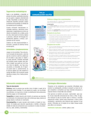 Sugerencias metodológicas
                                                                     Taller de
Ayude a sus estudiantes a desarrollar su         comunicación escrita
proceso de escritura, aportándole elementos
que les ayuden a organizar coherentemente
el relato. Recuérdeles la estructura básica:                                                   Ordena e integra tus conocimientos
introducción, desarrollo, conclusión y evaluar                                                 Lee la siguiente deﬁnición y responde: ¿A qué tipo de descripción corresponden los
                                                                                               textos A y B que leíste en la página anterior?
la coherencia de los párrafos y la cohesión de                                                 La descripción
las oraciones que los constituyen.                                                             Es una técnica narrativa que consiste en mostrar a través del lenguaje las ca-
                                                                    TICs                       racterísticas de algo o alguien, que puede ser una persona, un lugar o un objeto
Cuando incorporen descripciones re-                                                            inanimado.
                                                         Autobiografías en línea
cuérdeles aspectos y elementos como:                     Para inspirarte, puedes leer la au-
                                                                                               Se conoce como caracterización cuando entrega los rasgos de una persona y sim-
                                                                                               plemente como descripción cuando se reﬁere a un objeto.
objetividad y subjetividad de lo dicho (en               tobiografía de Jorge Délano en:
                                                         http://www.librosmaravillo-
relación al propósito de su relato), punto               sos.com/yosoytu/prologo.html          Durante la escritura
de vista, observación de hechos objetos                  O la de José Santos Vera titula-
                                                         da Cuando era muchacho en:
                                                                                               1. Después de escribir algunos párrafos detente y relee tu escrito. Revisa si:
o personas, selección del lenguaje (es-                  http://books.google.cl/books?             •   Los párrafos contienen una idea claramente expresada.
                                                         q=Cuando+era+muchacho&b                   •   Concuerdan los sujetos y predicados de las oraciones.
pecialmente adjetivos y verbos) y pre-                   tnG=Buscar+libros
                                                                                                   •   Los tiempos verbales corresponden a lo dicho.
sentación de los mismos.                                                                           •   Has usado expresiones inadecuadas o difíciles de entender para tu receptor.
                                                                                                   •   La puntuación y ortografía son correctas.
Colabore con ellos proporcionándoles in-
formación y ejemplos de distintas formas                                                       Después de escribir
de descripción.                                                                                2. Una vez que hayas redactado el primer borrador, relee tu escrito y evalúa si lo-
                                                                                                   graste comunicar lo que deseabas.

Actividades complementarias                                                                    3. Ponte en el lugar de tu receptor, ¿crees que ha comprendido tu mensaje? ¿Hay
                                                                                                   palabras o expresiones muy complejas, o que podrían resultarle desconocidas?
Juegue con los sentidos: Para estructu-                                                        4. Nuevamente revisa tu redacción, fíjate si no has repetido palabras, o si has omi-
                                                                                                   tido algunas. Corrige y busca la mayor claridad posible.
rar el concepto de descripción, cubra los
                                                                                               5. Da una última mirada a la ortografía. Revisa no solo las palabras sino también
ojos de un alumno o alumna y pídale que
                                                                      Unidad 1
                                                                                                   los acentos, el uso de mayúsculas y minúsculas, además de la puntuación.
de una bolsa o caja saque un objeto y                                                          6. Este es el momento para revisar si el título es el adecuado. ¿Responde al conte-
lo pueda describir. Oriéntelo diciéndole                                                           nido? ¿Es motivador?

qué sentidos puede emplear para des-                                                           7. Agrega fotografías que acompañen tu relato autobiográﬁco. No olvides escribir
                                                                                                   un pie de foto o breve explicación sobre su contenido, bajo cada una de ellas.
cribir el objeto, que podrá ser una fruta,
                                                                                               8. Comparte tu trabajo con tus compañeros y compañeras. Guiados por su profe-
una mota de algodón, una hoja seca,                                                                sor o profesora organicen una puesta en común de sus historias personales.
una piedra, un chocolate, etc. El ejerci-                                                      9. Escojan entre las autobiografías de sus compañeros, alguna que les haya gusta-
cio puede variar si, posteriormente, se                                                            do y escriban un comentario acerca de su trabajo.

le acercan objetos que solo mediante el                                                        10. Expongan en su sala las autobiografías que escribieron.

sentido del olfato y de la audición pueda
identiﬁcar (música, ﬂor o hierba aromá-
tica, etc).
                                                  52   Unidad 2: Un lugar especial...




Información complementaria                                                                      Estrategias diferenciadas
Tipos de descripción                                                                            Pensando en los estudiantes que presenten diﬁcultades para
Pictórica: tanto la persona que escribe como el objeto o sujeto de la                           construir su autobiografía, anímelos a compartir su tarea con al-
descripción están inmóviles. Es una especie de cuadro, con sus límites                          gún compañero o compañera que haya mostrado entusiasmo o
muy deﬁnidos, en el que la luz, el color y la distribución de los elementos                     especial interés en desarrollar esta actividad.
descritos juegan un rol fundamental.                                                            Este ejercicio es también una buena oportunidad para cap-
Topográﬁca: el objeto descrito está inmóvil y la persona que describe                           tar el sano desarrollo emocional de los niños y niñas. Si algu-
en movimiento. Es la descripción típica del cronista que viaja y observa el                     nos rechazan la idea de escribir sobre sí mismos o recordar
paisaje desde un vehículo en movimiento.                                                        experiencias vividas, rastree estas situaciones e invite a estos
                                                                                                estudiantes a aprovechar esta instancia para expresar lo que
Cinematográﬁca: el sujeto narrador está inmóvil y el objeto en movi-
                                                                                                sienten. Ofrézcales ser el receptor de su relato. Busque ayuda
miento. Se emplea para describir espectáculos o desﬁles, entregando
                                                                                                para ellos si es necesario.
detalles de todas las sensaciones que se producen en estas circunstan-
cias: luz, color, sonidos y movimientos.                                                        Habilidades implicadas: ordenar, aplicar, crear.


76    Guía didáctica para el docente / Lenguaje 6º básico
 