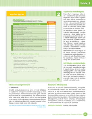 Unidad 2

                                                                                                                                                                            Sugerencias metodológicas
                                                                                                                                                                   2
                                                                                                                                                                   Unidad


  Revisa tus               logros                                                                                                                                           Si para “leer” el organizador gráﬁco pi-
                                                                                                                                                                            dió a sus estudiantes que se reunieran
                                                                                                                                                                            en pequeños grupos (como lo sugerimos
             Autoevaluación                        Revisa si lograste los aprendizajes esperados                                                                            en la página anterior), proponemos que
             para esta unidad, completando la siguiente pauta. Marca con  tu respuesta.                                                                                    mantenga esos equipos para reﬂexionar
                                                                                                                                     Niveles de logros
                                                                                                                                                                            en torno a la autoevaluación ﬁnal. Una
                               A partir de los contenidos y temas tratados en esta unidad, logré:                                 Sí No Puedo mejorar
                                                                                                                                                                            vez que revisaron los conceptos plan-
      1 Valorar y comprender el rol de la familia en la formación y desarrollo de las personas.
                                                                                                                                                                            teados en el esquema anterior, podrán
     2 Reconocer los componentes de un texto narrativo.
     3 Diferenciar una biografía de una autobiografía.
                                                                                                                                                                            compartir cómo fue el proceso vivido.
     4 Identiﬁcar a la autobiografía como un texto narrativo literario.                                                                                                     Las preguntas de cierre lo ayudarán a re-
     5 Conocer y diferenciar la autobiografía en verso de la escrita en prosa.                                                                                              troalimentar a los estudiantes. Escúchelos
     6 Producir un relato autobiográﬁco escrito.                                                                                                                            atentamente y, luego, plantee usted su
     7 Comprender y aplicar en una narración las técnicas de la descripción y la caracterización.                                                                           propio punto de vista. Comente cómo fue
     8 Reconocer y aplicar en la comunicación oral y escrita palabras que sirven para caracterizar personas y caliﬁcar objetos.                                             el ambiente de trabajo y de reﬂexión, sobre
     9 Reconocer y aplicar en la comunicación oral y escrita palabras que señalan acciones asociadas a persona, tiempo y modo.                                              todo cuando tenían que opinar e intercam-
     10 Identiﬁcar la décima como una composición de diez versos octosílabos.                                                                                               biar puntos de vista diferentes… ¿Respe-
     11 Componer un relato autobiográﬁco en décimas.                                                                                                                        taron el derecho a expresar la opinión en
     12 Escribir y recitar décimas autobiográﬁcas.                                                                                                                          un clima de respeto y tolerancia? Al instalar
     13 Valorar la lectura como una práctica que me permite ampliar mi visión de mundo y experiencia personal.
                                                                                                                                                                            este tema, el curso vivenciará el recorrido
     14 Valorar el lenguaje hablado y comprender su efecto sobre el receptor.
                                                                                                                                                                            en espiral que mantiene este libro.
     15 Desarrollar y valorar el trabajo colectivo con mis compañeros y compañeras.
                                                                                                                                                                            Es el momento para felicitar al grupo por
                                                                                                                                                                            los avances realizados, especialmente
    Reﬂexiona sobre lo tratado en esta unidad                                                                                                                               en aquellos que incluyen los valores y el
    1. Reúnete en grupos de cinco compañeros y compañeras, junto a ellos reﬂexiona y comenta lo tratado en esta                                                             ambiente de sala. Desafíelos en aque-
         unidad. Pueden guiarse por las siguientes preguntas:
         •   ¿Cuál fue el tema más difícil de tratar? ¿Por qué?
                                                                                                                                                                            llos aspectos que implican continuar el
         •   ¿Qué información les resultó difícil de obtener? Expliquen.                                                                                                    trabajo de la siguiente Unidad.
         •   ¿Cuál es la actividad que más les costó desarrollar? ¿Por qué?
         •   ¿Cuáles fueron los resultados ﬁnales de su aprendizaje?                                                                                                        Actividades complementarias
         •   ¿A qué atribuyen estos resultados?
         •   ¿Consideran valiosos los temas tratados? ¿Por qué?                                                                                                             Si los estudiantes llevan años con el mis-
         •   ¿Los conocimientos adquiridos son aplicables a su entorno? ¿De qué manera?                                                                                     mo curso, puede proponerles que realicen
         •   El trabajo en equipo, ¿les permitió conocer mejor a sus compañeros o compañeras?                                                                               la biografía del curso, de manera colectiva.
    2. Guiados por su profesor o profesora, organicen una puesta en común con el curso. Compartan y evalúen sus                                                             (Destaque y aclare la idea de la personiﬁ-
         respuestas.
                                                                                                                                                                            cación del grupo curso como ente colecti-
                                                                                                                                                                            vo). Podrán publicarla en el diario mural, o
                                                                                                                                                                            bien, si es en verso, podrán musicalizarla y
                                                                                                                                                                            presentarla en alguna instancia signiﬁcativa
                                                                                                                                  Unidad 2: Un lugar especial...   61
                                                                                                                                                                            dentro de la comunidad escolar.


Información complementaria                                                                                                          Estrategias diferenciadas
La coevaluación                                                                                                                     En los casos en que usted lo estime conveniente (y, si es posible,
El modelo constructivista siempre se centra en el valor del diálogo                                                                 en coordinación con el profesor jefe), pida a los niños y niñas la pro-
(en sus diferentes formas) como dispositivo de aprendizaje. Es desde                                                                ducción de un texto escrito que los desafíe especialmente (cartas,
esta perspectiva que el estudiante aparece como agente evaluador                                                                    solicitudes, permisos, u otras de carácter literario), procure que sean
ya no únicamente de su propio aprendizaje, sino también del de sus                                                                  breves y posibles de concretar en el período de clases, para que
pares. El aporte que puede signiﬁcar para un estudiante escuchar                                                                    pueda monitorearlo y evaluarlo con el alumno o alumna en particular.
correcciones en su mismo lenguaje, puede ser signiﬁcativo. Además,                                                                  Esta experiencia, vivida de manera formativa y como acompaña-
todo el curso logra desarrollar de esta manera su capacidad crítica y                                                               miento cariñoso, puede ser una estrategia para que sus estudiantes
aﬁanzar una nueva mirada acerca de la evaluación.                                                                                   se sientan responsables de su proceso de aprendizaje.
 http://www.educarchile.cl/Portal.Base/Web/VerContenido.aspx?GUID=123.456.7                                                         Habilidades implicadas: comentar, analizar, evaluar.
                                                           89.000&ID=97666




                                                                                                                                                   Guía didáctica para el docente / Lenguaje 6º básico                85
 