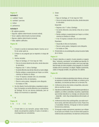 Página 47                                                                     2. Orden:
     Actividad 3                                                                      Inicio:
     a) cualidad / huevo                                                              • Nace en Santiago, el 14 de mayo de 1942.
     b) cantidad / parrones                                                           • Vive en el campo desde los dos años, donde descubre
     c) indicar                                                                          la naturaleza.
     d) pertenencia                                                                   Desarrollo:
                                                                                      • Regresa a los 11 años a Santiago.
     Actividad 4
                                                                                      • Se siente diferente a las demás niñas de su nuevo
     • Mi: adjetivo posesivo.                                                            colegio.
     • Segundo: adjetivo determinante (numeral ordinal).                              • Recibe castigos y suspensiones por trepar a un árbol,
     • Tercer: adjetivo determinante (numeral ordinal).                                  mientras se destaca en dibujo.
     • Algunas: adjetivo determinante (numeral).                                      • A los 16 ingresa a estudiar arte a la universidad.
     • Falsa: adjetivo caliﬁcativo.                                                   Desenlace:
     Página 48                                                                        • Desarrolla el oﬁcio de ilustradora.
     II.                                                                              • Recorre varios países, trabajando como dibujante.
            1. El texto lo escribe la ilustradora Beatriz Concha con el               • Se instala en Chile.
               ﬁn de contar quién es.                                              3. El texto leído es una autobiografía, porque la autora habla
            2. El título es una pregunta que se responde a lo largo del               de sí misma.
               texto.
                                                                              Página 51
            3. Hechos narrados:
                                                                              6. El texto A describe un caserón: el autor presenta un espacio
               • Nace en Santiago, el 14 de mayo de 1942.                        físico, “entrando y caminando” en la realidad que describe. En
               • Vive en el campo desde los dos años, donde descubre             cambio, el texto B caracteriza a la madre, como una mujer baja,
                  la naturaleza.                                                 bien formada, de rostro simpático y boca pequeña. Su carácter
               • Regresa a los 11 años a Santiago.                               oscilaba entre la severidad y la alegría. Hablaba suavemente,
               • Se siente diferente a las demás niñas de su nuevo colegio.      usaba un lenguaje amable y era generosa. Era valiente.
               • Recibe castigos y suspensiones por trepar a un árbol,
                                                                              Página 55
                  mientras se destaca en dibujo.
               • A los 16 ingresa a estudiar arte a la universidad.           I.
               • Desarrolla el oﬁcio de ilustradora.                               1. En el texto se habla de anécdotas de la infancia, en las que
                                                                                      se expresan el carácter libre de Violeta, en contacto con la
               • Recorre varios países, trabajando como dibujante.
                                                                                      naturaleza, y la cercanía que tiene con su hermano Tito.
               • Se instala en Chile.
                                                                                   2. A diferencia de los otros textos compartidos, esta anéc-
            4. De niña, Beatriz Concha disfrutaba y respetaba la natura-
                                                                                      dota se escribe en verso.
               leza. Era inquieta y se sentía diferente a sus compañeras
               de Santiago. No era una alumna destacada, pero en                   3. Esta obra se sustenta sobre la primera persona gramatical, es
               dibujo sí se reconocía su capacidad.                                   subjetivo y se reﬁere a anécdotas, recuerdos y experiencias
                                                                                      que el emisor describe en su mensaje, con estructura inicio
     III.                                                                             – desarrollo – cierre. Hay correspondencia entre el autor y el
            1. b)                                                                     narrador.
     Página 49                                                                     4. A diferencia de las otras autobiografías, que están escri-
                                                                                      tas en prosa, este texto está escrito en verso. Posee rima
     2. b)   3. c)           4. d)      5. c)
                                                                                      y musicalidad. Además, el lenguaje no tiene el carácter
     IV.                                                                              formal de los anteriores.
            1. El texto leído es una narración, porque relata hechos               5. El lenguaje emplea expresiones populares que reﬂejan
               desde una perspectiva subjetiva. El autor, el narrador y               la cercanía con el folclor. Ya en el mismo título queda en
               el protagonista son coincidentes.                                      evidencia esta característica. Se observan contracciones



88   Guía didáctica para el docente / Lenguaje 6º básico
 