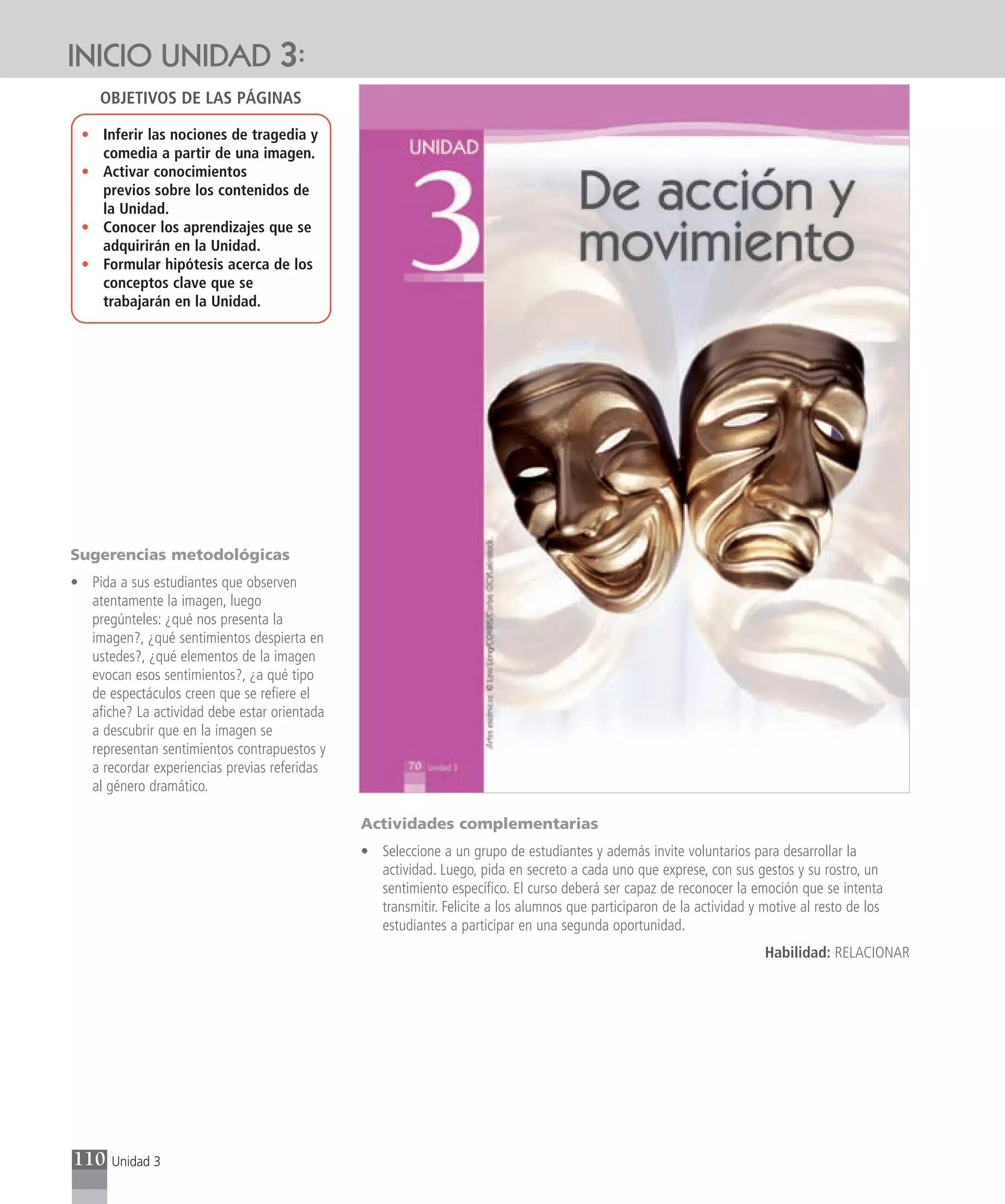 INICIO UNIDAD 3:
    OBJETIVOS DE LAS PÁGINAS

 • Inferir las nociones de tragedia y
   comedia a partir de una imagen.
 • Activar conocimientos
   previos sobre los contenidos de
   la Unidad.
 • Conocer los aprendizajes que se
   adquirirán en la Unidad.
 • Formular hipótesis acerca de los
   conceptos clave que se
   trabajarán en la Unidad.




Sugerencias metodológicas
• Pida a sus estudiantes que observen
  atentamente la imagen, luego
  pregúnteles: ¿qué nos presenta la
  imagen?, ¿qué sentimientos despierta en
  ustedes?, ¿qué elementos de la imagen
  evocan esos sentimientos?, ¿a qué tipo
  de espectáculos creen que se refiere el
  afiche? La actividad debe estar orientada
  a descubrir que en la imagen se
  representan sentimientos contrapuestos y
  a recordar experiencias previas referidas
  al género dramático.

                                              Actividades complementarias
                                              • Seleccione a un grupo de estudiantes y además invite voluntarios para desarrollar la
                                                actividad. Luego, pida en secreto a cada uno que exprese, con sus gestos y su rostro, un
                                                sentimiento específico. El curso deberá ser capaz de reconocer la emoción que se intenta
                                                transmitir. Felicite a los alumnos que participaron de la actividad y motive al resto de los
                                                estudiantes a participar en una segunda oportunidad.
                                                                                                                      Habilidad: RELACIONAR




110   Unidad 3
 