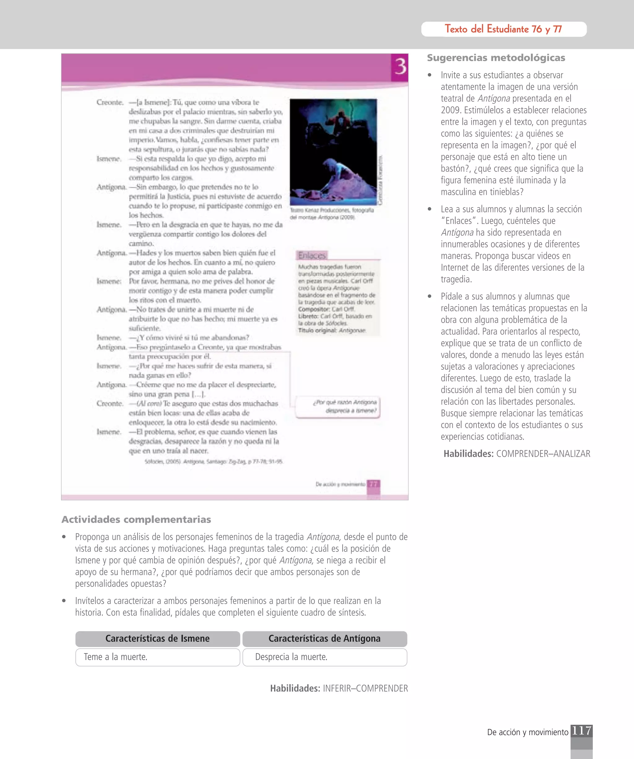 Texto del Estudiante 76 y 77
                                                                                                           Texto para el estudiante

                                                                                                Sugerencias metodológicas
                                                                                                • Invite a sus estudiantes a observar
                                                                                                  atentamente la imagen de una versión
                                                                                                  teatral de Antígona presentada en el
                                                                                                  2009. Estimúlelos a establecer relaciones
                                                                                                  entre la imagen y el texto, con preguntas
                                                                                                  como las siguientes: ¿a quiénes se
                                                                                                  representa en la imagen?, ¿por qué el
                                                                                                  personaje que está en alto tiene un
                                                                                                  bastón?, ¿qué crees que significa que la
                                                                                                  figura femenina esté iluminada y la
                                                                                                  masculina en tinieblas?
                                                                                                • Lea a sus alumnos y alumnas la sección
                                                                                                  “Enlaces”. Luego, cuénteles que
                                                                                                  Antígona ha sido representada en
                                                                                                  innumerables ocasiones y de diferentes
                                                                                                  maneras. Proponga buscar videos en
                                                                                                  Internet de las diferentes versiones de la
                                                                                                  tragedia.
                                                                                                • Pídale a sus alumnos y alumnas que
                                                                                                  relacionen las temáticas propuestas en la
                                                                                                  obra con alguna problemática de la
                                                                                                  actualidad. Para orientarlos al respecto,
                                                                                                  explique que se trata de un conflicto de
                                                                                                  valores, donde a menudo las leyes están
                                                                                                  sujetas a valoraciones y apreciaciones
                                                                                                  diferentes. Luego de esto, traslade la
                                                                                                  discusión al tema del bien común y su
                                                                                                  relación con las libertades personales.
                                                                                                  Busque siempre relacionar las temáticas
                                                                                                  con el contexto de los estudiantes o sus
                                                                                                  experiencias cotidianas.
                                                                                                    Habilidades: COMPRENDER–ANALIZAR




Actividades complementarias
• Proponga un análisis de los personajes femeninos de la tragedia Antígona, desde el punto de
  vista de sus acciones y motivaciones. Haga preguntas tales como: ¿cuál es la posición de
  Ismene y por qué cambia de opinión después?, ¿por qué Antígona, se niega a recibir el
  apoyo de su hermana?, ¿por qué podríamos decir que ambos personajes son de
  personalidades opuestas?
• Invítelos a caracterizar a ambos personajes femeninos a partir de lo que realizan en la
  historia. Con esta finalidad, pídales que completen el siguiente cuadro de síntesis.

            Características de Ismene                    Características de Antígona
      Teme a la muerte.                              Desprecia la muerte.


                                                          Habilidades: INFERIR–COMPRENDER



                                                                                                                De acción y movimiento   117
 