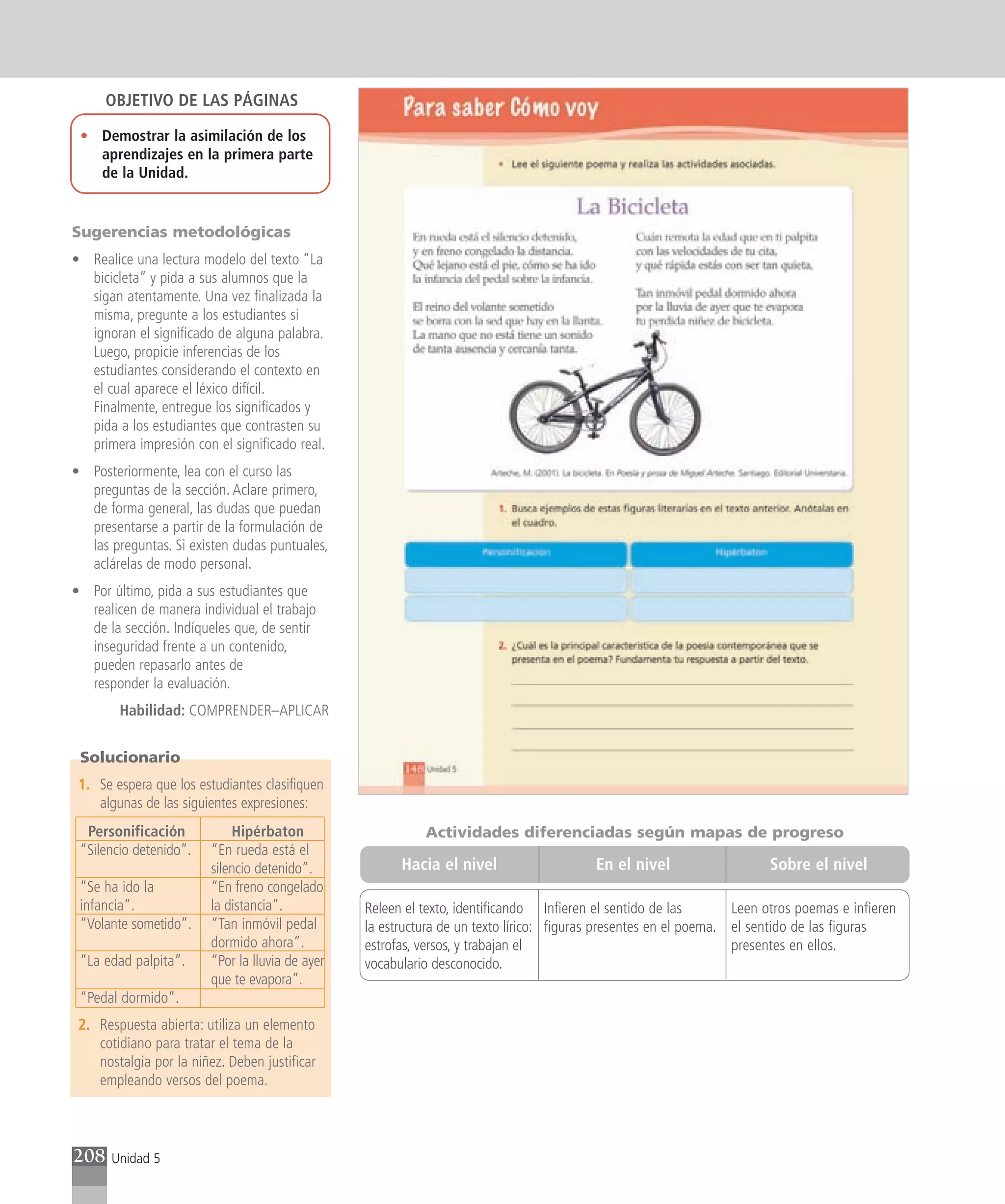 OBJETIVO DE LAS PÁGINAS

 • Demostrar la asimilación de los
   aprendizajes en la primera parte
   de la Unidad.


Sugerencias metodológicas
• Realice una lectura modelo del texto “La
  bicicleta” y pida a sus alumnos que la
  sigan atentamente. Una vez finalizada la
  misma, pregunte a los estudiantes si
  ignoran el significado de alguna palabra.
  Luego, propicie inferencias de los
  estudiantes considerando el contexto en
  el cual aparece el léxico difícil.
  Finalmente, entregue los significados y
  pida a los estudiantes que contrasten su
  primera impresión con el significado real.
• Posteriormente, lea con el curso las
  preguntas de la sección. Aclare primero,
  de forma general, las dudas que puedan
  presentarse a partir de la formulación de
  las preguntas. Si existen dudas puntuales,
  aclárelas de modo personal.
• Por último, pida a sus estudiantes que
  realicen de manera individual el trabajo
  de la sección. Indíqueles que, de sentir
  inseguridad frente a un contenido,
  pueden repasarlo antes de
  responder la evaluación.
        Habilidad: COMPRENDER–APLICAR


 Solucionario
 1. Se espera que los estudiantes clasifiquen
    algunas de las siguientes expresiones:
  Personificación            Hipérbaton                     Actividades diferenciadas según mapas de progreso
 “Silencio detenido”.    “En rueda está el
                         silencio detenido”.            Hacia el nivel                    En el nivel                   Sobre el nivel
 “Se ha ido la           “En freno congelado
 infancia”.              la distancia”.           Releen el texto, identificando Infieren el sentido de las        Leen otros poemas e infieren
 “Volante sometido”.     “Tan inmóvil pedal       la estructura de un texto lírico: figuras presentes en el poema. el sentido de las figuras
                         dormido ahora”.          estrofas, versos, y trabajan el                                  presentes en ellos.
 “La edad palpita”.      “Por la lluvia de ayer   vocabulario desconocido.
                         que te evapora”.
 “Pedal dormido”.
 2. Respuesta abierta: utiliza un elemento
    cotidiano para tratar el tema de la
    nostalgia por la niñez. Deben justificar
    empleando versos del poema.



208    Unidad 5
 