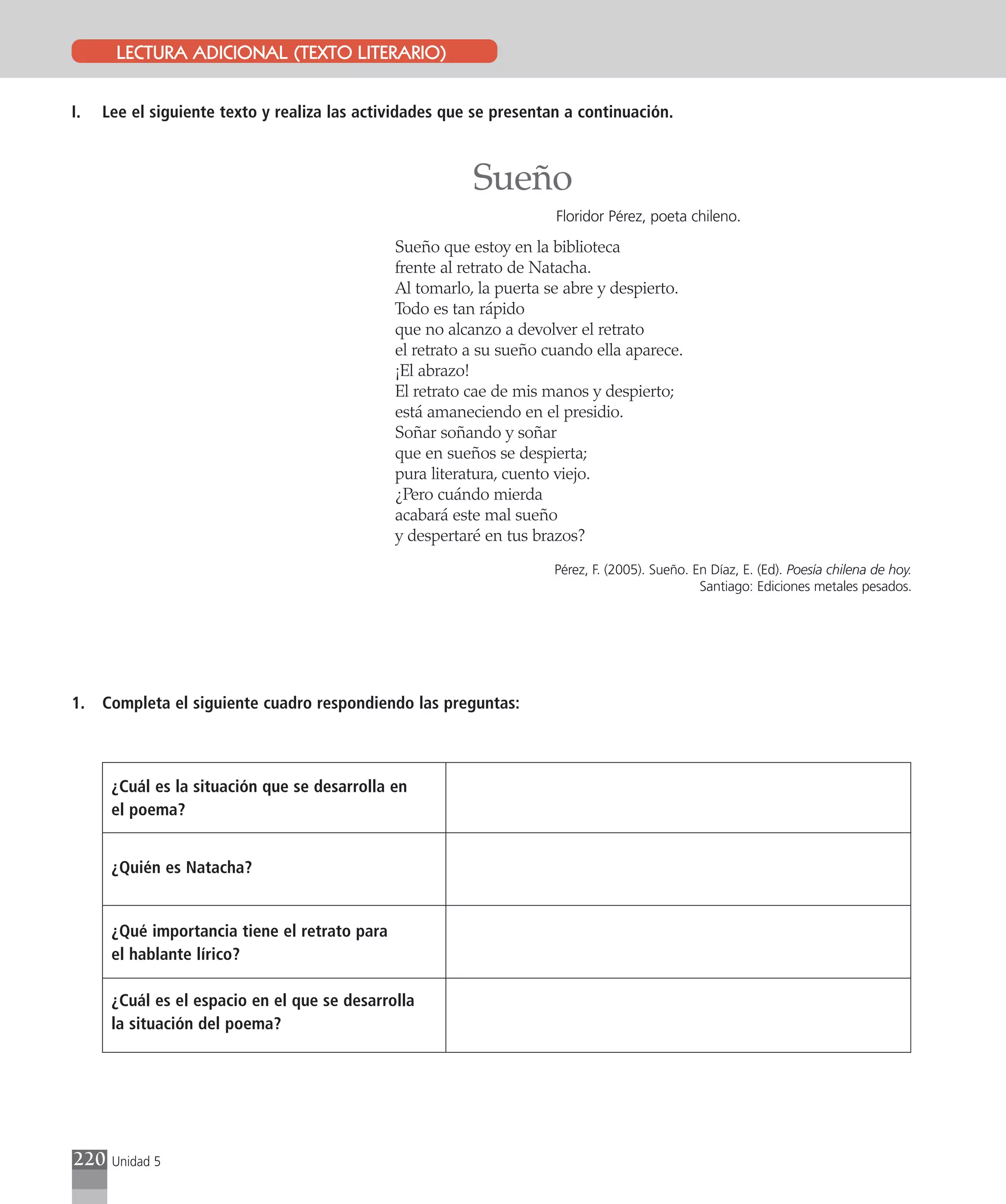 LECTURA ADICIONAL (TEXTO LITERARIO)


I.   Lee el siguiente texto y realiza las actividades que se presentan a continuación.



                                                          Sueño
                                                                      Floridor Pérez, poeta chileno.
                                               Sueño que estoy en la biblioteca
                                               frente al retrato de Natacha.
                                               Al tomarlo, la puerta se abre y despierto.
                                               Todo es tan rápido
                                               que no alcanzo a devolver el retrato
                                               el retrato a su sueño cuando ella aparece.
                                               ¡El abrazo!
                                               El retrato cae de mis manos y despierto;
                                               está amaneciendo en el presidio.
                                               Soñar soñando y soñar
                                               que en sueños se despierta;
                                               pura literatura, cuento viejo.
                                               ¿Pero cuándo mierda
                                               acabará este mal sueño
                                               y despertaré en tus brazos?
                                                                      Pérez, F. (2005). Sueño. En Díaz, E. (Ed). Poesía chilena de hoy.
                                                                                                Santiago: Ediciones metales pesados.




1.   Completa el siguiente cuadro respondiendo las preguntas:



      ¿Cuál es la situación que se desarrolla en
      el poema?


      ¿Quién es Natacha?


      ¿Qué importancia tiene el retrato para
      el hablante lírico?

      ¿Cuál es el espacio en el que se desarrolla
      la situación del poema?




220   Unidad 5
 