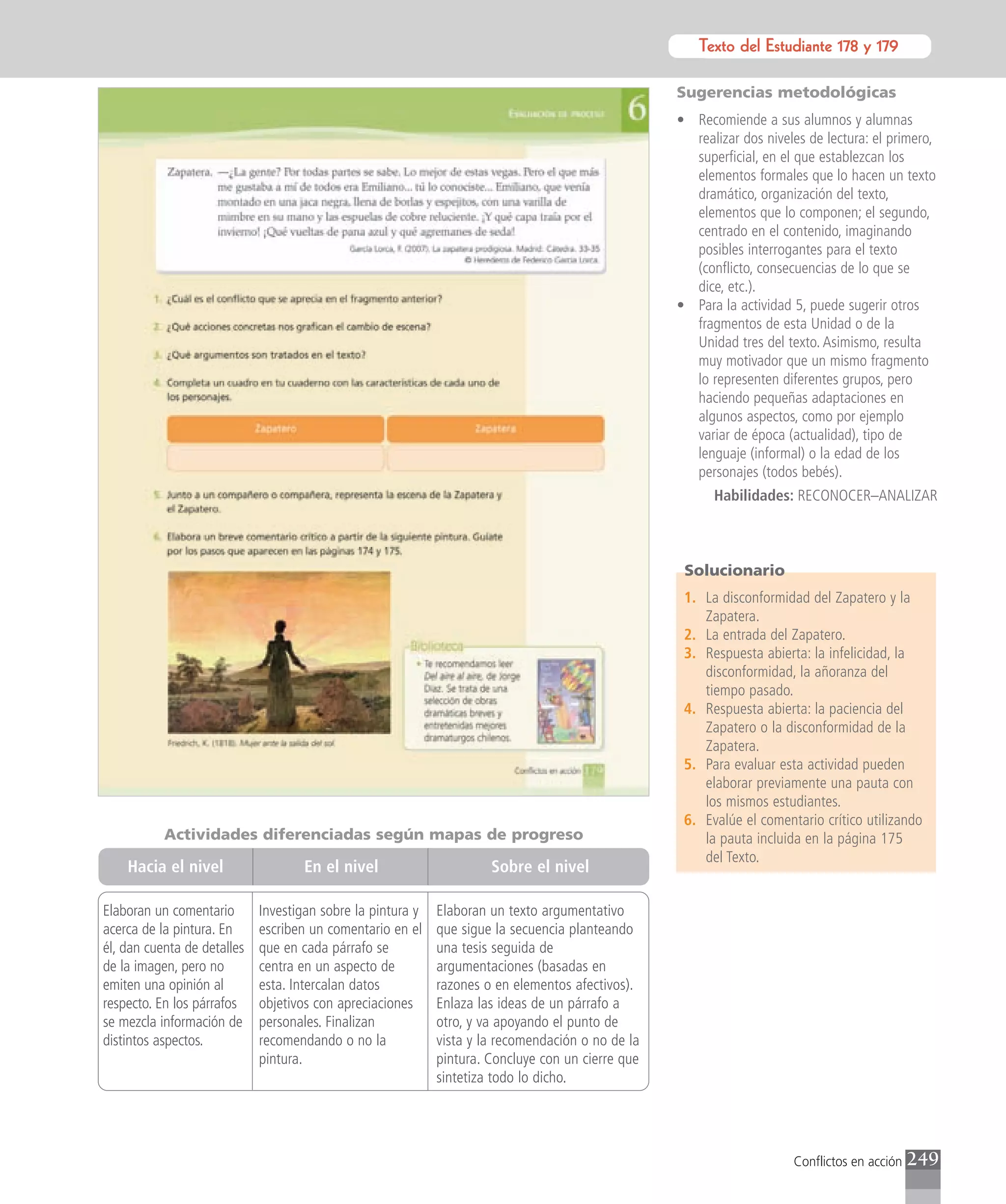Texto del Estudiante 178 y 179
                                                                                                             Texto para el estudiante

                                                                                                   Sugerencias metodológicas
                                                                                                   • Recomiende a sus alumnos y alumnas
                                                                                                     realizar dos niveles de lectura: el primero,
                                                                                                     superficial, en el que establezcan los
                                                                                                     elementos formales que lo hacen un texto
                                                                                                     dramático, organización del texto,
                                                                                                     elementos que lo componen; el segundo,
                                                                                                     centrado en el contenido, imaginando
                                                                                                     posibles interrogantes para el texto
                                                                                                     (conflicto, consecuencias de lo que se
                                                                                                     dice, etc.).
                                                                                                   • Para la actividad 5, puede sugerir otros
                                                                                                     fragmentos de esta Unidad o de la
                                                                                                     Unidad tres del texto. Asimismo, resulta
                                                                                                     muy motivador que un mismo fragmento
                                                                                                     lo representen diferentes grupos, pero
                                                                                                     haciendo pequeñas adaptaciones en
                                                                                                     algunos aspectos, como por ejemplo
                                                                                                     variar de época (actualidad), tipo de
                                                                                                     lenguaje (informal) o la edad de los
                                                                                                     personajes (todos bebés).
                                                                                                         Habilidades: RECONOCER–ANALIZAR



                                                                                                    Solucionario
                                                                                                    1. La disconformidad del Zapatero y la
                                                                                                       Zapatera.
                                                                                                    2. La entrada del Zapatero.
                                                                                                    3. Respuesta abierta: la infelicidad, la
                                                                                                       disconformidad, la añoranza del
                                                                                                       tiempo pasado.
                                                                                                    4. Respuesta abierta: la paciencia del
                                                                                                       Zapatero o la disconformidad de la
                                                                                                       Zapatera.
                                                                                                    5. Para evaluar esta actividad pueden
                                                                                                       elaborar previamente una pauta con
                                                                                                       los mismos estudiantes.
                                                                                                    6. Evalúe el comentario crítico utilizando
           Actividades diferenciadas según mapas de progreso                                           la pauta incluida en la página 175
                                                                                                       del Texto.
    Hacia el nivel                   En el nivel                      Sobre el nivel

Elaboran un comentario       Investigan sobre la pintura y   Elaboran un texto argumentativo
acerca de la pintura. En     escriben un comentario en el    que sigue la secuencia planteando
él, dan cuenta de detalles   que en cada párrafo se          una tesis seguida de
de la imagen, pero no        centra en un aspecto de         argumentaciones (basadas en
emiten una opinión al        esta. Intercalan datos          razones o en elementos afectivos).
respecto. En los párrafos    objetivos con apreciaciones     Enlaza las ideas de un párrafo a
se mezcla información de     personales. Finalizan           otro, y va apoyando el punto de
distintos aspectos.          recomendando o no la            vista y la recomendación o no de la
                             pintura.                        pintura. Concluye con un cierre que
                                                             sintetiza todo lo dicho.




                                                                                                                       Conflictos en acción   249
 