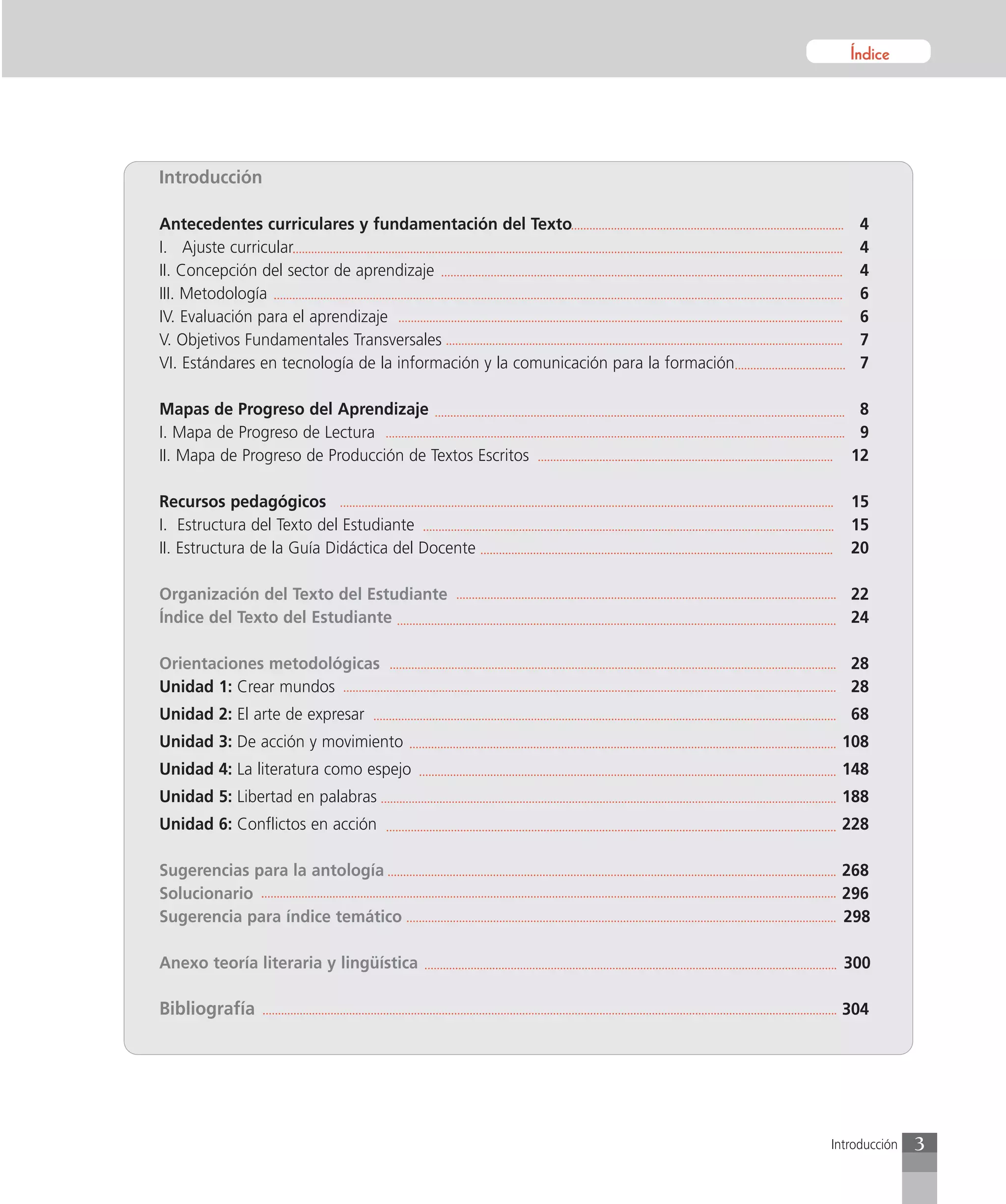 Índice




Introducción

Antecedentes curriculares y fundamentación del Texto                                      4
I. Ajuste curricular                                                                      4
II. Concepción del sector de aprendizaje                                                  4
III. Metodología                                                                          6
IV. Evaluación para el aprendizaje                                                        6
V. Objetivos Fundamentales Transversales                                                  7
VI. Estándares en tecnología de la información y la comunicación para la formación        7

Mapas de Progreso del Aprendizaje                                                        8
I. Mapa de Progreso de Lectura                                                           9
II. Mapa de Progreso de Producción de Textos Escritos                                   12

Recursos pedagógicos                                                                    15
I. Estructura del Texto del Estudiante                                                  15
II. Estructura de la Guía Didáctica del Docente                                         20

Organización del Texto del Estudiante                                                   22
Índice del Texto del Estudiante                                                         24

Orientaciones metodológicas                                                             28
Unidad 1: Crear mundos                                                                  28
Unidad 2: El arte de expresar                                                           68
Unidad 3: De acción y movimiento                                                      108
Unidad 4: La literatura como espejo                                                   148
Unidad 5: Libertad en palabras                                                        188
Unidad 6: Conflictos en acción                                                        228

Sugerencias para la antología                                                         268
Solucionario                                                                          296
Sugerencia para índice temático                                                       298

Anexo teoría literaria y lingüística                                                   300

Bibliografía                                                                          304




                                                                                     Introducción   3
 