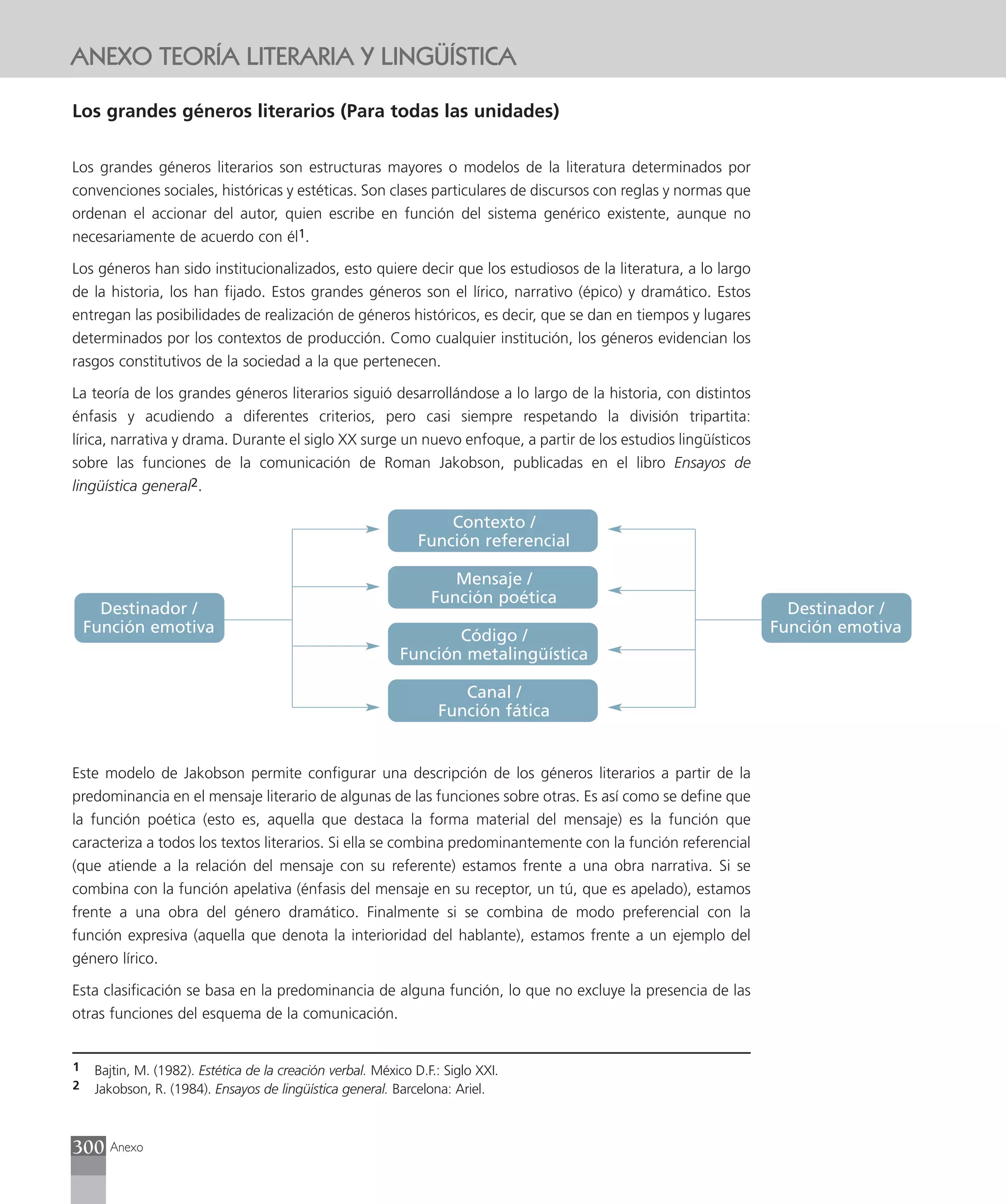 ANEXO TEORÍA LITERARIA Y LINGÜÍSTICA

Los grandes géneros literarios (Para todas las unidades)

Los grandes géneros literarios son estructuras mayores o modelos de la literatura determinados por
convenciones sociales, históricas y estéticas. Son clases particulares de discursos con reglas y normas que
ordenan el accionar del autor, quien escribe en función del sistema genérico existente, aunque no
necesariamente de acuerdo con él1.

Los géneros han sido institucionalizados, esto quiere decir que los estudiosos de la literatura, a lo largo
de la historia, los han fijado. Estos grandes géneros son el lírico, narrativo (épico) y dramático. Estos
entregan las posibilidades de realización de géneros históricos, es decir, que se dan en tiempos y lugares
determinados por los contextos de producción. Como cualquier institución, los géneros evidencian los
rasgos constitutivos de la sociedad a la que pertenecen.

La teoría de los grandes géneros literarios siguió desarrollándose a lo largo de la historia, con distintos
énfasis y acudiendo a diferentes criterios, pero casi siempre respetando la división tripartita:
lírica, narrativa y drama. Durante el siglo XX surge un nuevo enfoque, a partir de los estudios lingüísticos
sobre las funciones de la comunicación de Roman Jakobson, publicadas en el libro Ensayos de
lingüística general2.

                                                                    Contexto /
                                                                Función referencial

                                                                     Mensaje /
                                                                  Función poética
      Destinador /                                                                                               Destinador /
    Función emotiva                                                Código /                                    Función emotiva
                                                            Función metalingüística

                                                                      Canal /
                                                                   Función fática


Este modelo de Jakobson permite configurar una descripción de los géneros literarios a partir de la
predominancia en el mensaje literario de algunas de las funciones sobre otras. Es así como se define que
la función poética (esto es, aquella que destaca la forma material del mensaje) es la función que
caracteriza a todos los textos literarios. Si ella se combina predominantemente con la función referencial
(que atiende a la relación del mensaje con su referente) estamos frente a una obra narrativa. Si se
combina con la función apelativa (énfasis del mensaje en su receptor, un tú, que es apelado), estamos
frente a una obra del género dramático. Finalmente si se combina de modo preferencial con la
función expresiva (aquella que denota la interioridad del hablante), estamos frente a un ejemplo del
género lírico.

Esta clasificación se basa en la predominancia de alguna función, lo que no excluye la presencia de las
otras funciones del esquema de la comunicación.


1    Bajtin, M. (1982). Estética de la creación verbal. México D.F.: Siglo XXI.
2    Jakobson, R. (1984). Ensayos de lingüística general. Barcelona: Ariel.



300 Anexo
 