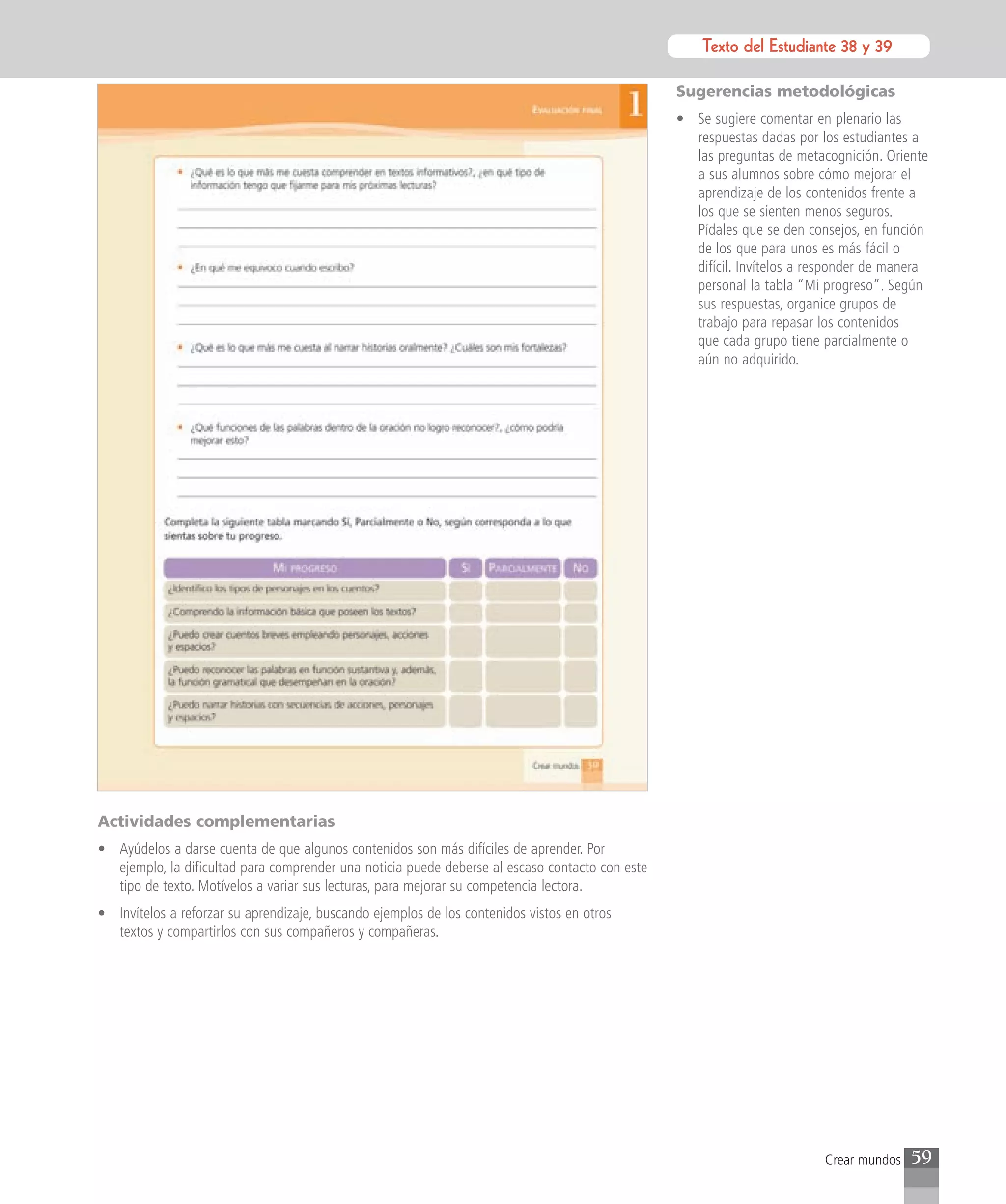 Texto del para el estudiante
                                                                                                        Texto Estudiante 38 y 39

                                                                                                 Sugerencias metodológicas
                                                                                                 • Se sugiere comentar en plenario las
                                                                                                   respuestas dadas por los estudiantes a
                                                                                                   las preguntas de metacognición. Oriente
                                                                                                   a sus alumnos sobre cómo mejorar el
                                                                                                   aprendizaje de los contenidos frente a
                                                                                                   los que se sienten menos seguros.
                                                                                                   Pídales que se den consejos, en función
                                                                                                   de los que para unos es más fácil o
                                                                                                   difícil. Invítelos a responder de manera
                                                                                                   personal la tabla “Mi progreso”. Según
                                                                                                   sus respuestas, organice grupos de
                                                                                                   trabajo para repasar los contenidos
                                                                                                   que cada grupo tiene parcialmente o
                                                                                                   aún no adquirido.




Actividades complementarias
• Ayúdelos a darse cuenta de que algunos contenidos son más difíciles de aprender. Por
  ejemplo, la dificultad para comprender una noticia puede deberse al escaso contacto con este
  tipo de texto. Motívelos a variar sus lecturas, para mejorar su competencia lectora.
• Invítelos a reforzar su aprendizaje, buscando ejemplos de los contenidos vistos en otros
  textos y compartirlos con sus compañeros y compañeras.




                                                                                                                         Crear mundos   59
 