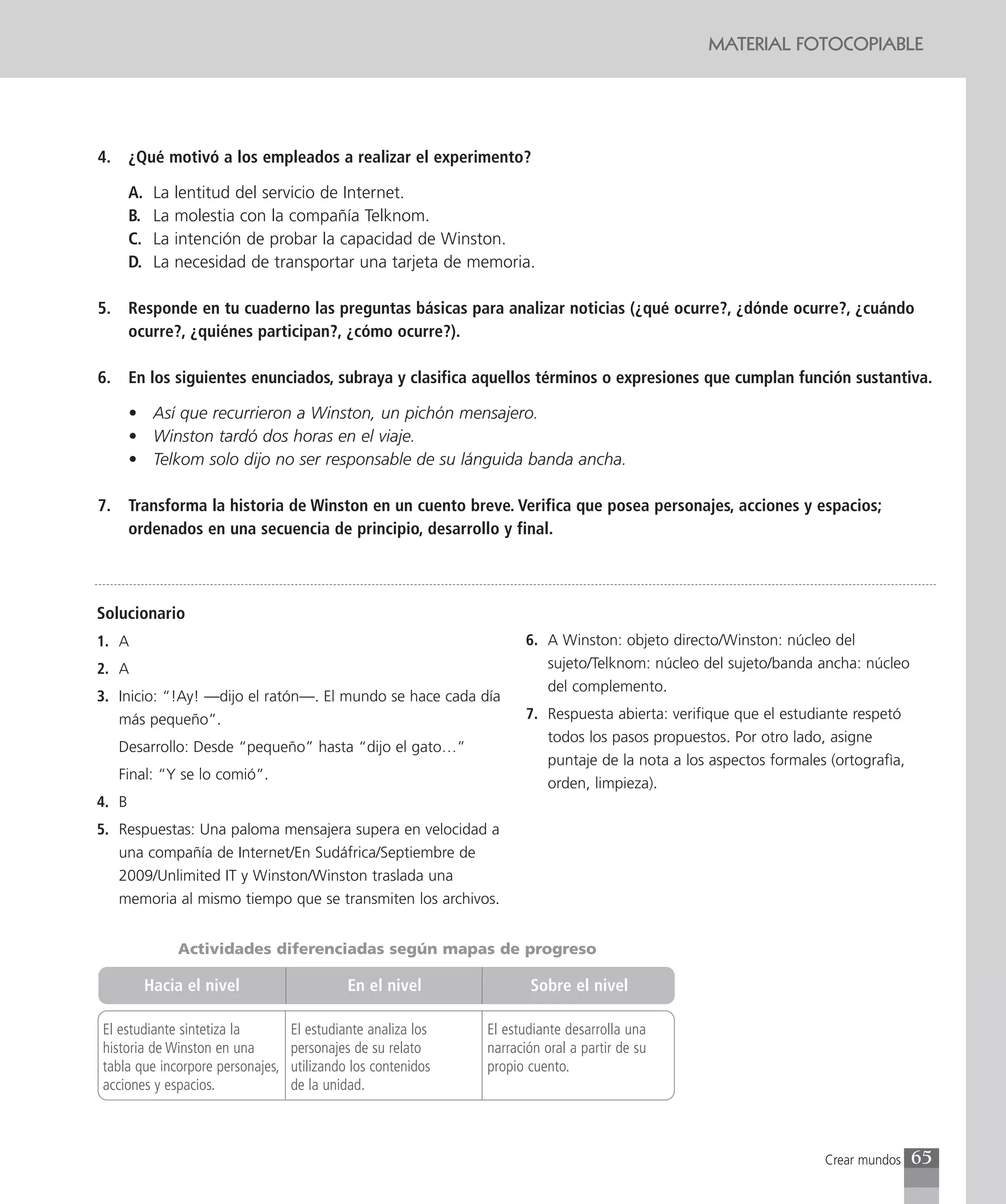 MATERIAL FOTOCOPIABLE




4.     ¿Qué motivó a los empleados a realizar el experimento?

       A.    La   lentitud del servicio de Internet.
       B.    La   molestia con la compañía Telknom.
       C.    La   intención de probar la capacidad de Winston.
       D.    La   necesidad de transportar una tarjeta de memoria.

5.     Responde en tu cuaderno las preguntas básicas para analizar noticias (¿qué ocurre?, ¿dónde ocurre?, ¿cuándo
       ocurre?, ¿quiénes participan?, ¿cómo ocurre?).

6.     En los siguientes enunciados, subraya y clasifica aquellos términos o expresiones que cumplan función sustantiva.

       • Así que recurrieron a Winston, un pichón mensajero.
       • Winston tardó dos horas en el viaje.
       • Telkom solo dijo no ser responsable de su lánguida banda ancha.

7.     Transforma la historia de Winston en un cuento breve. Verifica que posea personajes, acciones y espacios;
       ordenados en una secuencia de principio, desarrollo y final.



Solucionario
1. A                                                                 6. A Winston: objeto directo/Winston: núcleo del
2. A                                                                    sujeto/Telknom: núcleo del sujeto/banda ancha: núcleo
                                                                        del complemento.
3. Inicio: “!Ay! —dijo el ratón—. El mundo se hace cada día
   más pequeño”.                                                     7. Respuesta abierta: verifique que el estudiante respetó
                                                                        todos los pasos propuestos. Por otro lado, asigne
     Desarrollo: Desde “pequeño” hasta “dijo el gato…”
                                                                        puntaje de la nota a los aspectos formales (ortografìa,
     Final: “Y se lo comió”.
                                                                        orden, limpieza).
4. B
5. Respuestas: Una paloma mensajera supera en velocidad a
   una compañía de Internet/En Sudáfrica/Septiembre de
   2009/Unlimited IT y Winston/Winston traslada una
   memoria al mismo tiempo que se transmiten los archivos.


                  Actividades diferenciadas según mapas de progreso

            Hacia el nivel                  En el nivel              Sobre el nivel

El estudiante sintetiza la        El estudiante analiza los   El estudiante desarrolla una
historia de Winston en una        personajes de su relato     narración oral a partir de su
tabla que incorpore personajes,   utilizando los contenidos   propio cuento.
acciones y espacios.              de la unidad.



                                                                                                                  Crear mundos    65
 