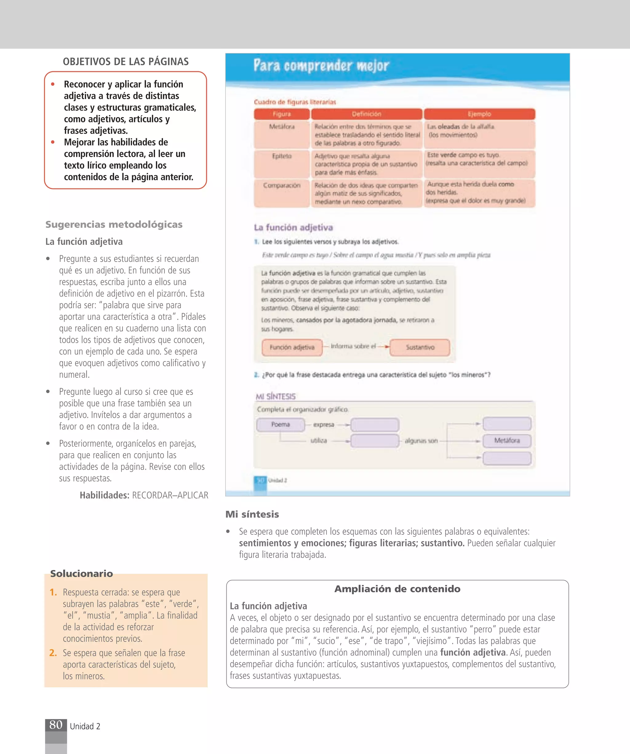 OBJETIVOS DE LAS PÁGINAS

 • Reconocer y aplicar la función
   adjetiva a través de distintas
   clases y estructuras gramaticales,
   como adjetivos, artículos y
   frases adjetivas.
 • Mejorar las habilidades de
   comprensión lectora, al leer un
   texto lírico empleando los
   contenidos de la página anterior.



Sugerencias metodológicas
La función adjetiva
• Pregunte a sus estudiantes si recuerdan
  qué es un adjetivo. En función de sus
  respuestas, escriba junto a ellos una
  definición de adjetivo en el pizarrón. Esta
  podría ser: “palabra que sirve para
  aportar una característica a otra”. Pídales
  que realicen en su cuaderno una lista con
  todos los tipos de adjetivos que conocen,
  con un ejemplo de cada uno. Se espera
  que evoquen adjetivos como calificativo y
  numeral.
• Pregunte luego al curso si cree que es
  posible que una frase también sea un
  adjetivo. Invítelos a dar argumentos a
  favor o en contra de la idea.
• Posteriormente, organícelos en parejas,
  para que realicen en conjunto las
  actividades de la página. Revise con ellos
  sus respuestas.
         Habilidades: RECORDAR–APLICAR
                                                Mi síntesis
                                                • Se espera que completen los esquemas con las siguientes palabras o equivalentes:
                                                  sentimientos y emociones; figuras literarias; sustantivo. Pueden señalar cualquier
                                                  figura literaria trabajada.
 Solucionario
 1. Respuesta cerrada: se espera que                                          Ampliación de contenido
    subrayen las palabras “este”, “verde”,       La función adjetiva
    “el”, “mustia”, “amplia”. La finalidad       A veces, el objeto o ser designado por el sustantivo se encuentra determinado por una clase
    de la actividad es reforzar                  de palabra que precisa su referencia. Así, por ejemplo, el sustantivo “perro” puede estar
    conocimientos previos.                       determinado por “mi”, “sucio”, “ese”, “de trapo”, “viejísimo”. Todas las palabras que
 2. Se espera que señalen que la frase           determinan al sustantivo (función adnominal) cumplen una función adjetiva. Así, pueden
    aporta características del sujeto,           desempeñar dicha función: artículos, sustantivos yuxtapuestos, complementos del sustantivo,
    los mineros.                                 frases sustantivas yuxtapuestas.




 80    Unidad 2
 