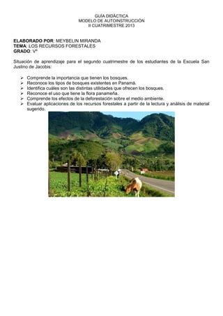 GUÌA DIDÀCTICA
MODELO DE AUTOINSTRUCCIÒN
II CUATRIMESTRE 2013
ELABORADO POR: MEYBELIN MIRANDA
TEMA: LOS RECURSOS FORESTALES
GRADO: Vº
Situación de aprendizaje para el segundo cuatrimestre de los estudiantes de la Escuela San
Justino de Jacobis:
 Comprende la importancia que tienen los bosques.
 Reconoce los tipos de bosques existentes en Panamá.
 Identifica cuàles son las distintas utilidades que ofrecen los bosques.
 Reconoce el uso que tiene la flora panameña.
 Comprende los efectos de la deforestación sobre el medio ambiente.
 Evaluar aplicaciones de los recursos forestales a partir de la lectura y análisis de material
sugerido.
 