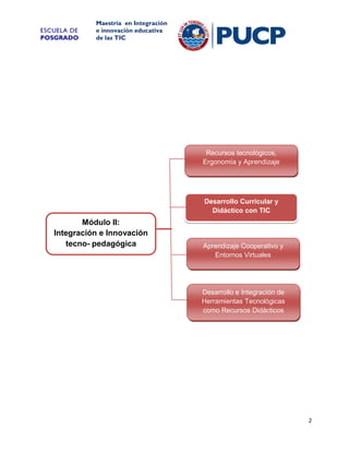 ESCUELA DE
POSGRADO

Maestría en Integración
e innovación educativa
de las TIC

Recursos tecnológicos,
Ergonomía y Aprendizaje

Desarrollo Curricular y
Didáctico con TIC

Módulo II:
Integración e Innovación
tecno- pedagógica

Aprendizaje Cooperativo y
Entornos Virtuales

Desarrollo e Integración de
Herramientas Tecnológicas
como Recursos Didácticos

2

 
