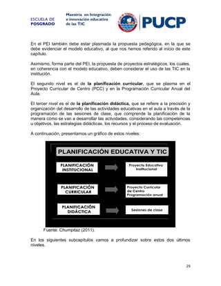 ESCUELA DE
POSGRADO

Maestría en Integración
e innovación educativa
de las TIC

En el PEI también debe estar plasmada la propuesta pedagógica, en la que se
debe evidenciar el modelo educativo, al que nos hemos referido al inicio de este
capítulo.
Asimismo, forma parte del PEI, la propuesta de proyectos estratégicos, los cuales,
en coherencia con el modelo educativo, deben considerar el uso de las TIC en la
institución.
El segundo nivel es el de la planificación curricular, que se plasma en el
Proyecto Curricular de Centro (PCC) y en la Programación Curricular Anual del
Aula.
El tercer nivel es el de la planificación didáctica, que se refiere a la precisión y
organización del desarrollo de las actividades educativas en el aula a través de la
programación de las sesiones de clase, que comprende la planificación de la
manera cómo se van a desarrollar las actividades, considerando las competencias
u objetivos, las estrategias didácticas, los recursos y el proceso de evaluación.
A continuación, presentamos un gráfico de estos niveles:

PLANIFICACIÓN EDUCATIVA Y TIC
PLANIFICACIÓN
PLANIFICACIÓ
INSTITUCIONAL

Proyecto Educativo
Institucional

PLANIFICACIÓN
PLANIFICACIÓ
CURRICULAR

Proyecto Curricular
de Centro
Programación anual

PLANIFICACIÓN
PLANIFICACIÓ
DIDÁCTICA
DIDÁ

Sesiones de clase

Fuente: Chumpitaz (2011).
En los siguientes subcapítulos vamos a profundizar sobre estos dos últimos
niveles.

29

 