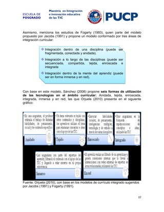 ESCUELA DE
POSGRADO

Maestría en Integración
e innovación educativa
de las TIC

Asimismo, menciona los estudios de Fogarty (1993), quien parte del modelo
propuesto por Jacobs (1991) y propone un modelo conformado por tres áreas de
integración curricular:
Integración dentro de una disciplina (puede ser
fragmentada, conectada y anidada).
Integración a lo largo de las disciplinas (puede ser
secuenciada, compartida, tejida, enroscada e
integrada
Integración dentro de la mente del aprendiz (puede
ser en forma inmersa y en red).

Con base en este modelo, Sánchez (2006) propone seis formas de utilización
de las tecnologías en el ámbito curricular: Anidada, tejida, enroscada,
integrada, inmersa y en red, las que Orjuela (2010) presenta en el siguiente
gráfico:

Fuente: Orjuela (2010), con base en los modelos de currículo integrado sugeridos
por Jacobs (1991) y Fogarty (1991).

37

 