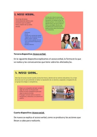 Terceradiapositiva: Acosoverbal.
En la siguiente diapositiva explicamos el acoso verbal, la forma en la que
se realiza y las consecuencias que tiene sobrelos afectados/as.
Cuarta diapositiva: Acososocial.
De nuevo se explica el acoso verbal, como se producey las acciones que
llevan a cabo para realizarlo.
 