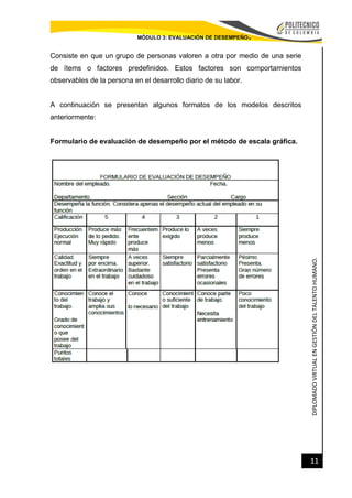 DIPLOMADOVIRTUALENGESTIÓNDELTALENTOHUMANO.
11
MÓDULO 3: EVALUACIÓN DE DESEMPEÑO.
Consiste en que un grupo de personas valoren a otra por medio de una serie
de ítems o factores predefinidos. Estos factores son comportamientos
observables de la persona en el desarrollo diario de su labor.
A continuación se presentan algunos formatos de los modelos descritos
anteriormente:
Formulario de evaluación de desempeño por el método de escala gráfica.
 