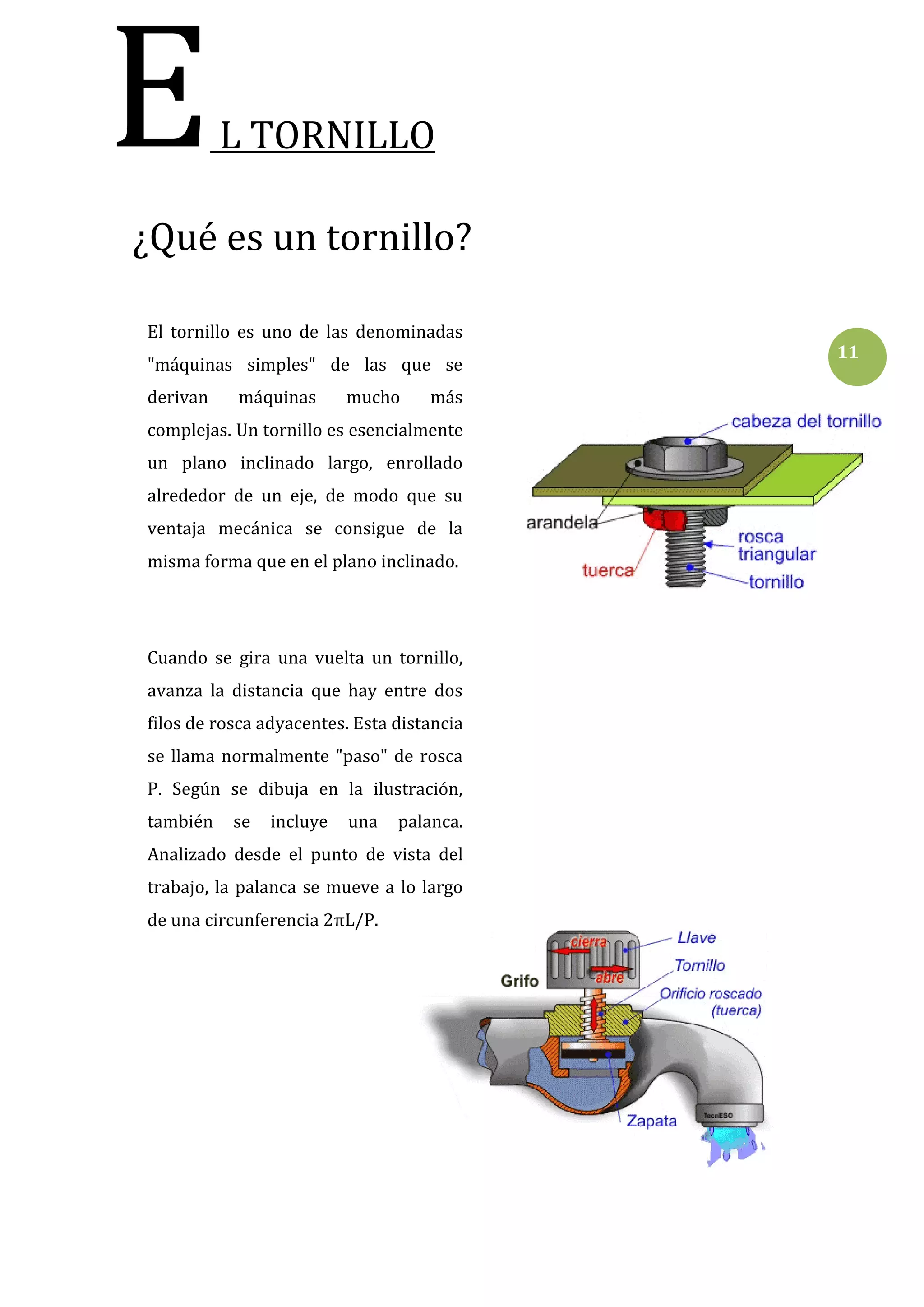 E

L TORNILLO

¿Qué es un tornillo?
El tornillo es uno de las denominadas
"máquinas simples" de las que se
derivan

máquinas

mucho

más

complejas. Un tornillo es esencialmente
un plano inclinado largo, enrollado
alrededor de un eje, de modo que su
ventaja mecánica se consigue de la
misma forma que en el plano inclinado.

Cuando se gira una vuelta un tornillo,
avanza la distancia que hay entre dos
filos de rosca adyacentes. Esta distancia
se llama normalmente "paso" de rosca
P. Según se dibuja en la ilustración,
también

se

incluye

una

palanca.

Analizado desde el punto de vista del
trabajo, la palanca se mueve a lo largo
de una circunferencia 2πL/P.

11

 