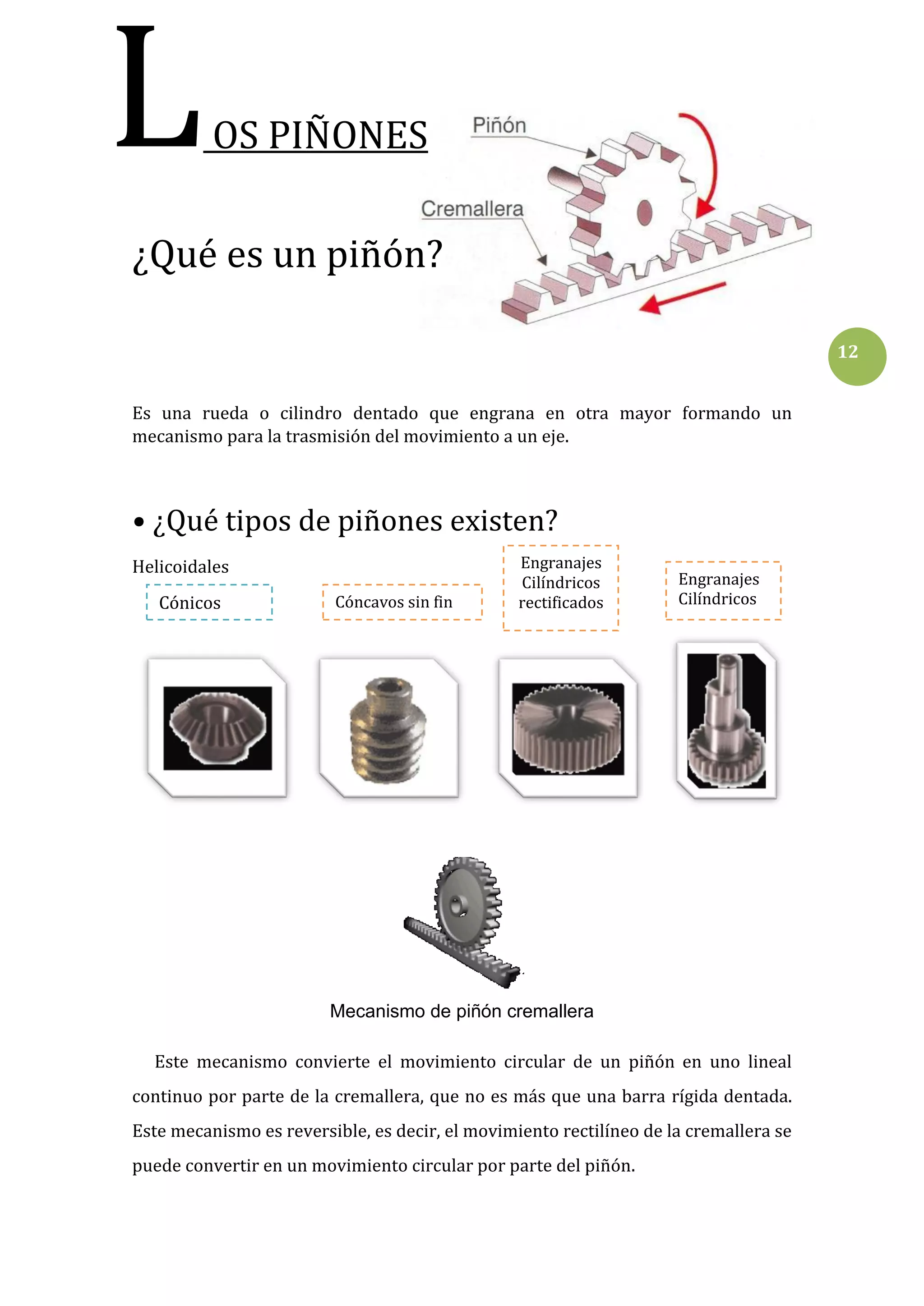 L

OS PIÑONES

¿Qué es un piñón?
12
Es una rueda o cilindro dentado que engrana en otra mayor formando un
mecanismo para la trasmisión del movimiento a un eje.

• ¿Qué tipos de piñones existen?
Helicoidales
Cónicos

Cóncavos sin fin

Engranajes
Cilíndricos
rectificados

Engranajes
Cilíndricos

Mecanismo de piñón cremallera
Este mecanismo convierte el movimiento circular de un piñón en uno lineal
continuo por parte de la cremallera, que no es más que una barra rígida dentada.
Este mecanismo es reversible, es decir, el movimiento rectilíneo de la cremallera se
puede convertir en un movimiento circular por parte del piñón.

 
