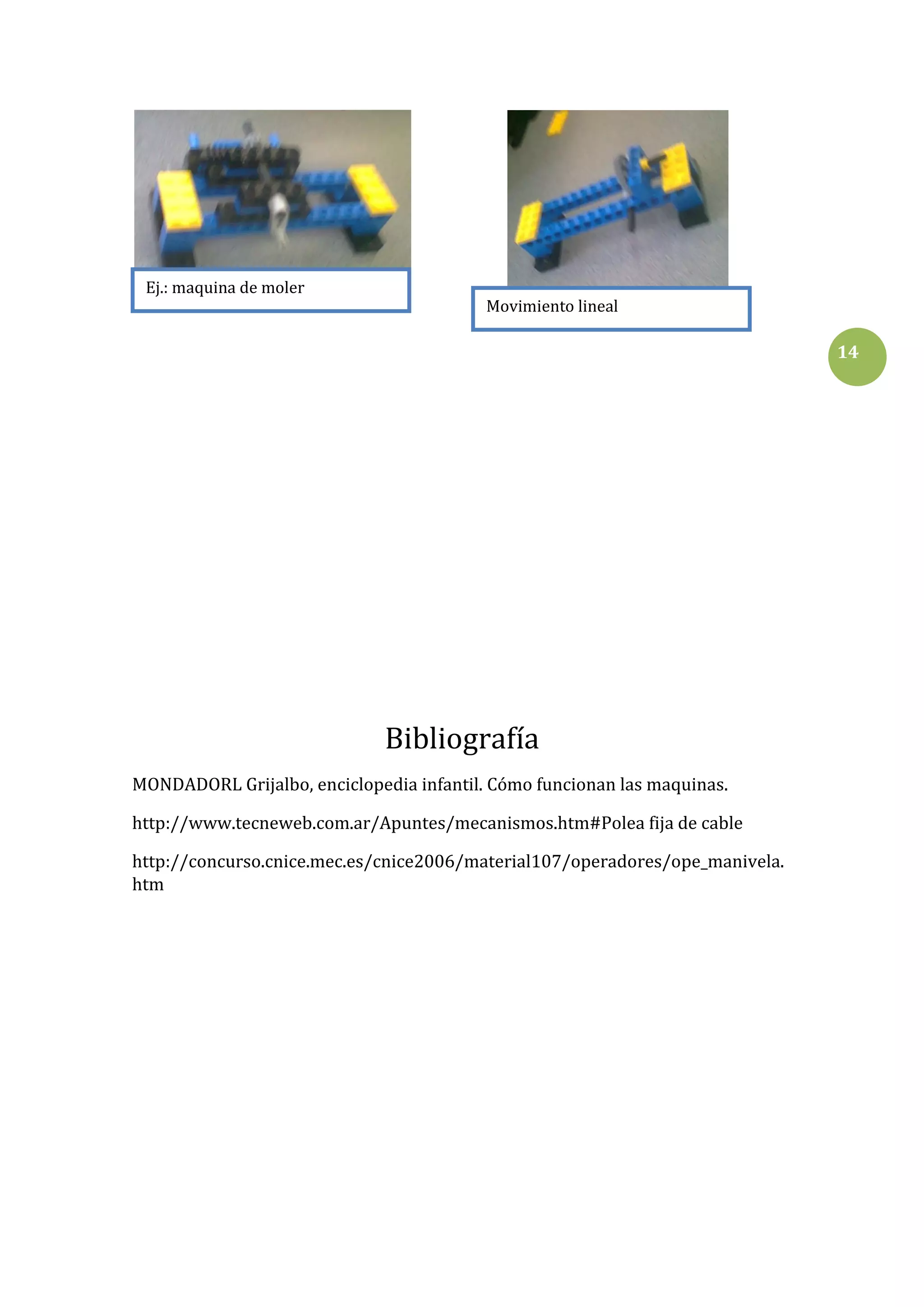 Ej.: maquina de moler

Movimiento lineal

14

Bibliografía
MONDADORL Grijalbo, enciclopedia infantil. Cómo funcionan las maquinas.
http://www.tecneweb.com.ar/Apuntes/mecanismos.htm#Polea fija de cable
http://concurso.cnice.mec.es/cnice2006/material107/operadores/ope_manivela.
htm

 