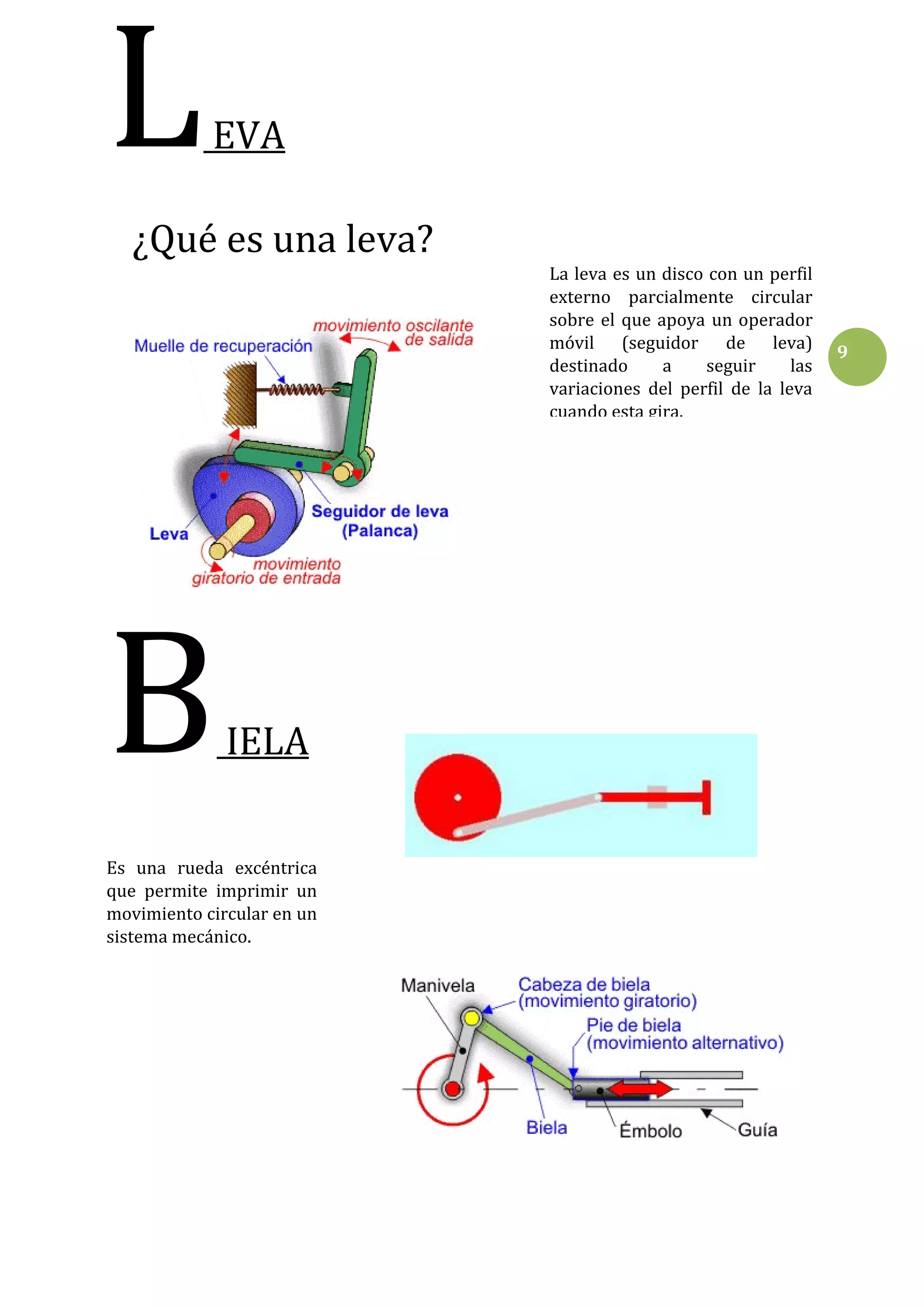 L

EVA

¿Qué es una leva?
La leva es un disco con un perfil
externo parcialmente circular
sobre el que apoya un operador
móvil (seguidor de leva)
destinado
a
seguir
las
variaciones del perfil de la leva
cuando esta gira.

B

IELA

Es una rueda excéntrica
que permite imprimir un
movimiento circular en un
sistema mecánico.

9

 