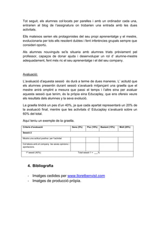 Tot seguit, els alumnes col·locats per parelles i amb un ordinador cada una,
entrarien al blog de l’assignatura on trobarien una entrada amb les dues
activitats.
Ells mateixos serien els protagonistes del seu propi aprenentatge y el mestre,
evolucionaria per tots ells resolent dubtes i fent inferències grupals sempre que
consideri oportú.
Als alumnes nouvinguts se’ls situaria amb alumnes triats prèviament pel
professor, capaços de donar ajuda i desenvolupar un rol d’ alumne-mestre
adequadament, fent més ric el seu aprenentatge i el del seu company.

Avaluació:
L’avaluació d’aquesta sessió és durà a terme de dues maneres. L’ acitutd que
els alumnes presentin durant sessió s’avaluarà mitjançant una graella que el
mestre anirà omplint a mesura que passi el temps i l’altre eina per avaluar
aquesta sessió que tenim, és la pròpia eina Educaplay, que ens ofereix veure
els resultats dels alumnes y la seva evolució.
La graella tindrà un pes d’un 40%, ja que cada apartat representarà un 20% de
la avaluació final, mentre que les activitats d’ Educaplay s’avaluarà sobre un
60% del total.
Aquí teniu un exemple de la graella.
Criteris d’avaluació

Gens (5%)

Poc (10%)

Bastant (15%)

Sessió 2
Mostra una actitud positiva per l’activitat
Col·labora amb el company les seves opinions i
aportacions.
1º sessió (40%)

Total sessió 1 = ___%

4. Bibliografia
- Imatges cedides per www.lloretbenvist.com
- Imatges de producció pròpia.

Molt (20%)

 