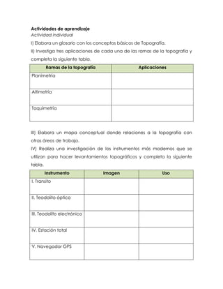 Actividades de aprendizaje
Actividad individual
I) Elabora un glosario con los conceptos básicos de Topografía.
II) Investiga tres aplicaciones de cada una de las ramas de la topografía y
completa la siguiente tabla.
Ramas de la topografía Aplicaciones
Planimetría
Altimetría
Taquimetría
III) Elabora un mapa conceptual donde relaciones a la topografía con
otras áreas de trabajo.
IV) Realiza una investigación de los instrumentos más modernos que se
utilizan para hacer levantamientos topográficos y completa la siguiente
tabla.
Instrumento Imagen Uso
I. Transito
II. Teodolito óptico
III. Teodolito electrónico
IV. Estación total
V. Navegador GPS
 