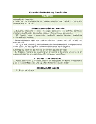 Competencias Genéricas y Profesionales
MOMENTO II
Aprendizajes Esperados:
Calcula rumbos y azimuts de una manera asertiva, para definir una superficie
terrestre en su localidad.
COMPETENCIAS GENÉRICAS Y ATRIBUTOS
4. Escucha, interpreta y emite mensajes pertinentes en distintos contextos
mediante la utilización de medios, códigos y herramientas apropiados.
4.1 Expresa ideas y conceptos mediante representaciones lingüísticas,
matemáticas o gráficas.
5. Desarrolla innovaciones y propone soluciones a problemas a partir de métodos
establecidos.
5.1 Sigue instrucciones y procedimientos de manera reflexiva, comprendiendo
como cada uno de sus pasos contribuye al alcance de un objetivo.
8. Participa y colabora de manera efectiva en equipos diversos.
8.1 Propone maneras de solucionar un problema o desarrollar un proyecto en
equipo, definiendo un curso de acción con pasos específicos.
COMPETENCIAS PROFESIONALES
3. Aplica conceptos y técnicas básicas de topografía de forma colaborativa
para la representación de una superficie terrestre de su alrededor.
CONOCIMIENTOS BÁSICOS
1. Rumbos y azimuts
 