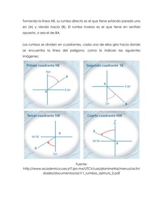 Tomando la línea AB, su rumbo directo es el que tiene estando parado uno
en (A) y viendo hacia (B). El rumbo inverso es el que tiene en sentido
opuesto, o sea el de BA.
Los rumbos se dividen en cuadrantes, cada uno de ellos gira hacia donde
se encuentra la línea del polígono, como lo indican las siguientes
imágenes:
Fuente:
http://www.academico.cecyt7.ipn.mx/UTCV/uas/planimetria/menus/activi
dades/documentos/act11_rumbos_azimuts_2.pdf
 