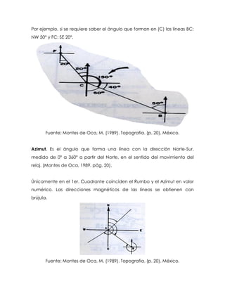 Por ejemplo, si se requiere saber el ángulo que forman en (C) las líneas BC:
NW 50° y FC: SE 20°.
Fuente: Montes de Oca, M. (1989). Topografía. (p. 20). México.
Azimut. Es el ángulo que forma una línea con la dirección Norte-Sur,
medido de 0° a 360° a partir del Norte, en el sentido del movimiento del
reloj. (Montes de Oca, 1989, pág. 20).
Únicamente en el 1er. Cuadrante coinciden el Rumbo y el Azimut en valor
numérico. Las direcciones magnéticas de las líneas se obtienen con
brújula.
Fuente: Montes de Oca, M. (1989). Topografía. (p. 20). México.
 