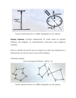 Fuente: Montes de Oca, M. (1989). Topografía. (p. 21). México.
Ángulos Interiores. Consiste simplemente en medir todos los ángulos
interiores del polígono. Es especialmente adecuado para polígonos
cerrados.
Tiene la ventaja de permitir que los ángulos se midan por repeticiones o
reiteraciones, lo cual no ocurre con los otros métodos.
Condición angular:
Suma de ángulos interiores = 180° (n – 2)
Fuente: Montes de Oca, M. (1989). Topografía. (p. 44). México.
 