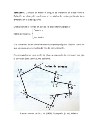 Deflexiones. Consiste en medir el ángulo de deflexión en cada vértice.
Deflexión es el ángulo que forma en un vértice la prolongación del lado
anterior con el lado siguiente.
Estableciendo el sentido en que se va a recorrer el polígono:
Derechas
Habrá deflexiones
Izquierdas
Este sistema es especialmente adecuado para polígonos abiertos como los
que se emplean en estudios de vías de comunicación.
En cada vértice se ve el punto de atrás, se da vuelta de campana y se gira
la deflexión para ver el punto adelante.
Fuente: Montes de Oca, M. (1989). Topografía. (p. 44). México.
 