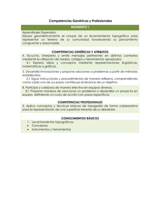 Competencias Genéricas y Profesionales
MOMENTO I
Aprendizajes Esperados:
Esboza geométricamente el croquis de un levantamiento topográfico para
representar un terreno de su comunidad favoreciendo su pensamiento
congruente y responsable.
COMPETENCIAS GENÉRICAS Y ATRIBUTOS
4. Escucha, interpreta y emite mensajes pertinentes en distintos contextos
mediante la utilización de medios, códigos y herramientas apropiados.
4.1 Expresa ideas y conceptos mediante representaciones lingüísticas,
matemáticas o gráficas.
5. Desarrolla innovaciones y propone soluciones a problemas a partir de métodos
establecidos.
5.1 Sigue instrucciones y procedimientos de manera reflexiva, comprendiendo
como cada uno de sus pasos contribuye al alcance de un objetivo.
8. Participa y colabora de manera efectiva en equipos diversos.
8.1 Propone maneras de solucionar un problema o desarrollar un proyecto en
equipo, definiendo un curso de acción con pasos específicos.
COMPETENCIAS PROFESIONALES
3. Aplica conceptos y técnicas básicas de topografía de forma colaborativa
para la representación de una superficie terrestre de su alrededor.
CONOCIMIENTOS BÁSICOS
1. Levantamientos topográficos:
 Conceptos
 Instrumentos y herramientas
 