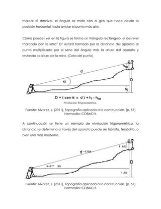 marcar el desnivel, el ángulo se mide con el giro que hace desde la
posición horizontal hasta avistar el punto más alto.
Como puedes ver en la figura se forma un triángulo rectángulo, el desnivel
marcado con la letra” D” estará formado por la distancia del aparato al
punto multiplicada por el seno del ángulo más la altura del aparato y
restando la altura de la mira. (Cota del punto).
Fuente: Álvarez, J. (2011), Topografía aplicada a la construcción. (p. 57)
Hermosillo: COBACH.
A continuación se tiene un ejemplo de nivelación trigonométrica, la
distancia se determina a través del aparato puede ser tránsito, teodolito, o
bien uno más moderno.
Fuente: Álvarez, J. (2011), Topografía aplicada a la construcción. (p. 57)
Hermosillo: COBACH.
 