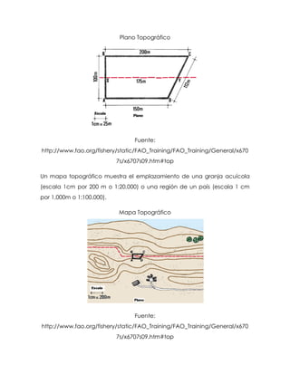 Plano Topográfico
Fuente:
http://www.fao.org/fishery/static/FAO_Training/FAO_Training/General/x670
7s/x6707s09.htm#top
Un mapa topográfico muestra el emplazamiento de una granja acuícola
(escala 1cm por 200 m o 1:20,000) o una región de un país (escala 1 cm
por 1,000m o 1:100,000).
Mapa Topográfico
Fuente:
http://www.fao.org/fishery/static/FAO_Training/FAO_Training/General/x670
7s/x6707s09.htm#top
 
