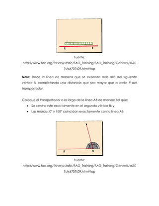 Fuente:
http://www.fao.org/fishery/static/FAO_Training/FAO_Training/General/x670
7s/x6707s09.htm#top
Nota: Trace la línea de manera que se extienda más allá del siguiente
vértice B, completando una distancia que sea mayor que el radio R del
transportador.
Coloque el transportador a lo largo de la línea AB de manera tal que:
 Su centro este exactamente en el segundo vértice B; y
 Las marcas 0° y 180° coincidan exactamente con la línea AB
Fuente:
http://www.fao.org/fishery/static/FAO_Training/FAO_Training/General/x670
7s/x6707s09.htm#top
 