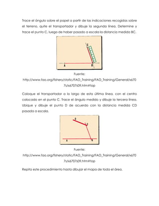 Trace el ángulo sobre el papel a partir de las indicaciones recogidas sobre
el terreno, quite el transportador y dibuje la segunda línea. Determine y
trace el punto C, luego de haber pasado a escala la distancia medida BC.
Fuente:
http://www.fao.org/fishery/static/FAO_Training/FAO_Training/General/x670
7s/x6707s09.htm#top
Coloque el transportador a lo largo de esta última línea, con el centro
colocado en el punto C. Trace el ángulo medido y dibuje la tercera línea.
Ubique y dibuje el punto D de acuerdo con la distancia medida CD
pasada a escala.
Fuente:
http://www.fao.org/fishery/static/FAO_Training/FAO_Training/General/x670
7s/x6707s09.htm#top
Repita este procedimiento hasta dibujar el mapa de toda el área.
 