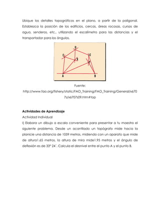 Ubique los detalles topográficos en el plano, a partir de la poligonal.
Establezca la posición de los edificios, cercas, áreas rocosas, cursos de
agua, senderos, etc., utilizando el escalímetro para las distancias y el
transportador para los ángulos.
Fuente:
http://www.fao.org/fishery/static/FAO_Training/FAO_Training/General/x670
7s/x6707s09.htm#top
Actividades de Aprendizaje
Actividad Individual
I) Elabora un dibujo a escala conveniente para presentar a tu maestro el
siguiente problema. Desde un acantilado un topógrafo mide hacia la
planicie una distancia de 1059 metros, midiendo con un aparato que mide
de altura1.65 metros, la altura de mira mide1.95 metros y el ángulo de
deflexión es de 33° 24´. Calcula el desnivel entre el punto A y el punto B.
 