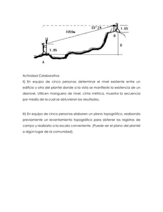 Actividad Colaborativa
II) En equipo de cinco personas determinar el nivel existente entre un
edificio y otro del plantel donde a la vista se manifieste la existencia de un
desnivel. Utilicen manguera de nivel, cinta métrica, muestra la secuencia
por medio de la cual se obtuvieron los resultados.
III) En equipo de cinco personas elaboren un plano topográfico, realizando
previamente un levantamiento topográfico para obtener los registros de
campo y realizarlo a la escala conveniente. (Puede ser el plano del plantel
o algún lugar de la comunidad).
 