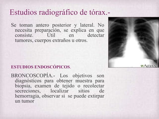 Estudios radiográfico de tórax.Se toman antero posterior y lateral. No
necesita preparación, se explica en que
consiste.
Útil
en
detectar
tumores, cuerpos extraños u otros.

ESTUDIOS ENDOSCÓPICOS.

BRONCOSCOPÍA.- Los objetivos son
diagnósticos para obtener muestra para
biopsia, examen de tejido o recolectar
secreciones,
localizar
sitios
de
hemorragia, observar si se puede extirpar
un tumor

 