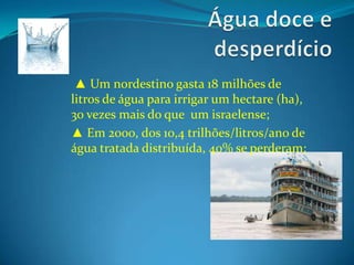 Água doce e desperdício ▲ Um nordestino gasta 18 milhões de litros de água para irrigar um hectare (ha), 30 vezes mais do que  um israelense;▲ Em 2000, dos 10,4 trilhões/litros/ano de água tratada distribuída, 40% se perderam;