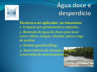 Água doce e desperdícioTécnicas a ser aplicadas  na Amazônia: 1- Irrigação por gotejamento e aspersão;2- Retenção de água da chuva para lavar carro, vidros, roupas, calçadas, pisos e rega de jardins;3- Modelo greenbuilding;4- Reservatórios de retenção em áreas construídas de estacionamentos.